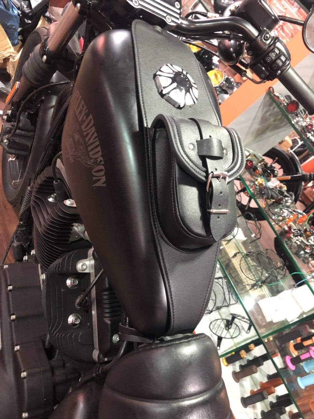 Motorcycle Gas Tank Leather Bag Dash Console Center Pouch Bag for Harley Sportster XL 883 1200 (Black)