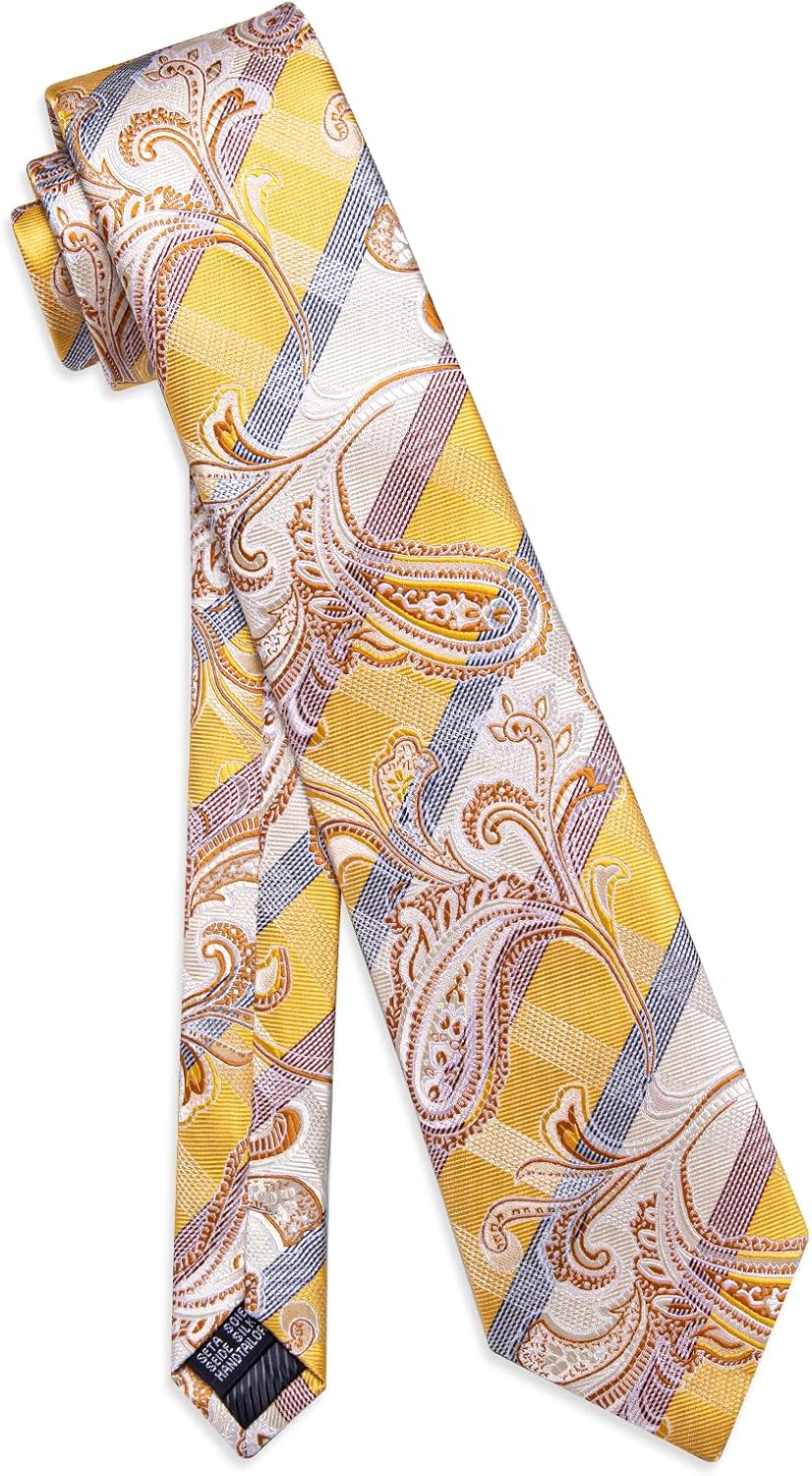Silk Paisley Floral Tie and Pocket Square Cufflinks with Lapel Pin Sets for Men 5PC Wedding Party - Image 7
