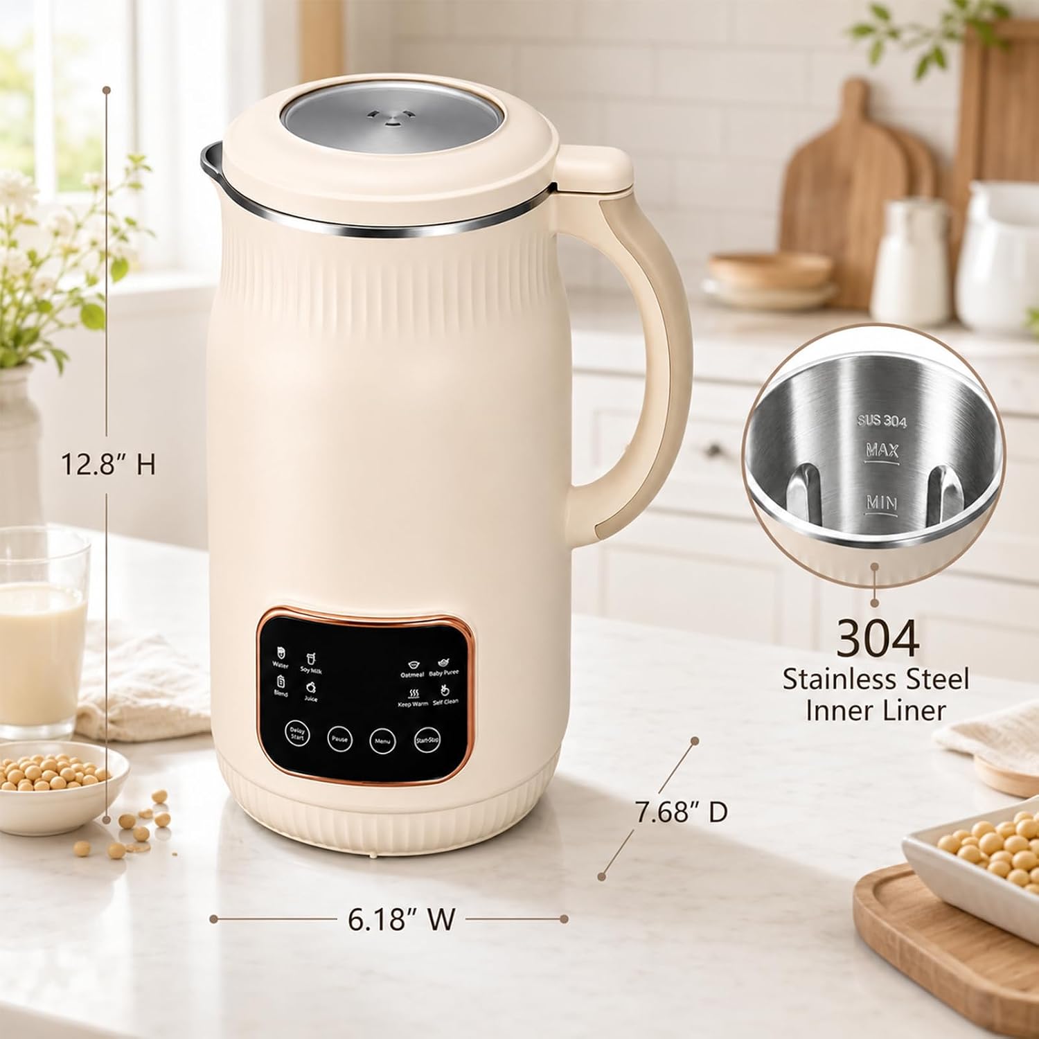 Nut Milk Maker Machine Blender, 8-in-1 Automatic Soy Milk Maker with 18H Delay Start Self-Clean& Boil Water for Homemade Almond Coconut Oat Plant-Based Milk