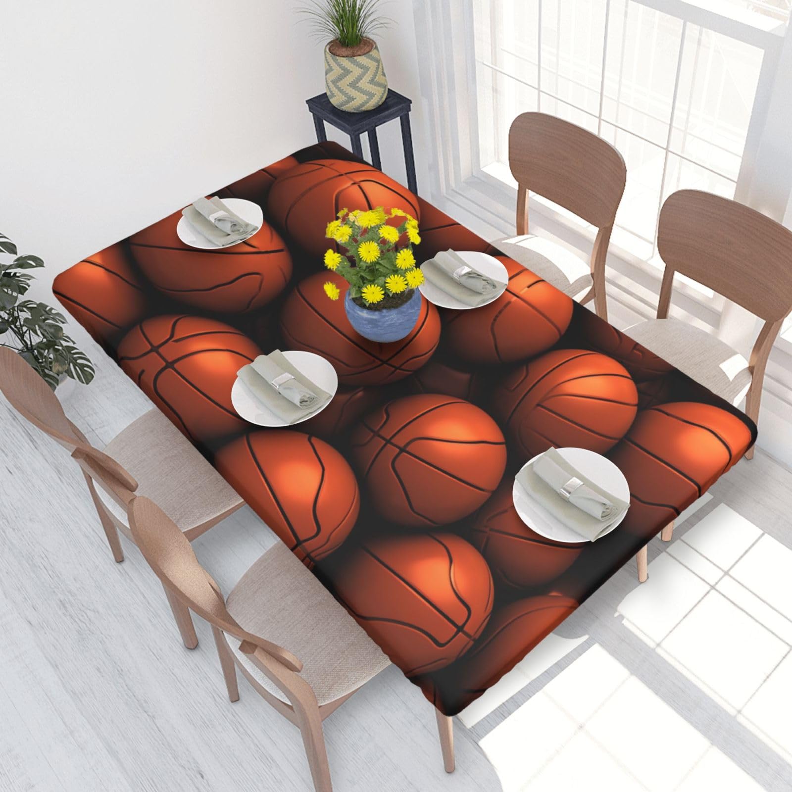 DCARSETCV Basketball Orange Printed 4FT Waterproof Tablecloth with Elastic Edged Protect & Decor Your Table, Oil-proof Washable Table Cloth Cover for Dinner Picnic Party