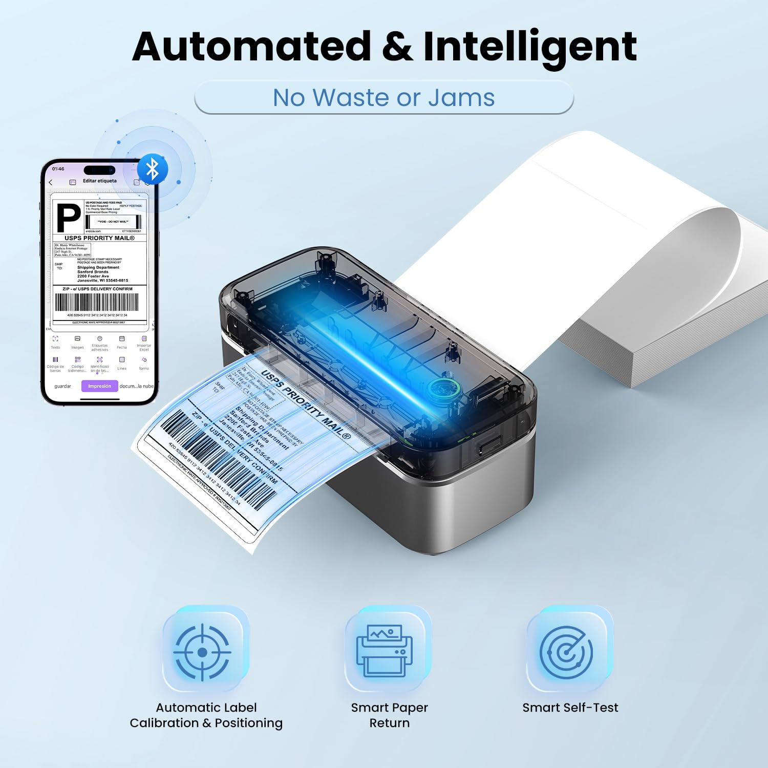 Drukarka etykiet Bluetooth, drukarka termiczna DHL 4 x 6, druk etykiet, do iOS, Android, Windows i Mac, kompatybilna z Shopify (czarna ze srebrnym połyskiem)