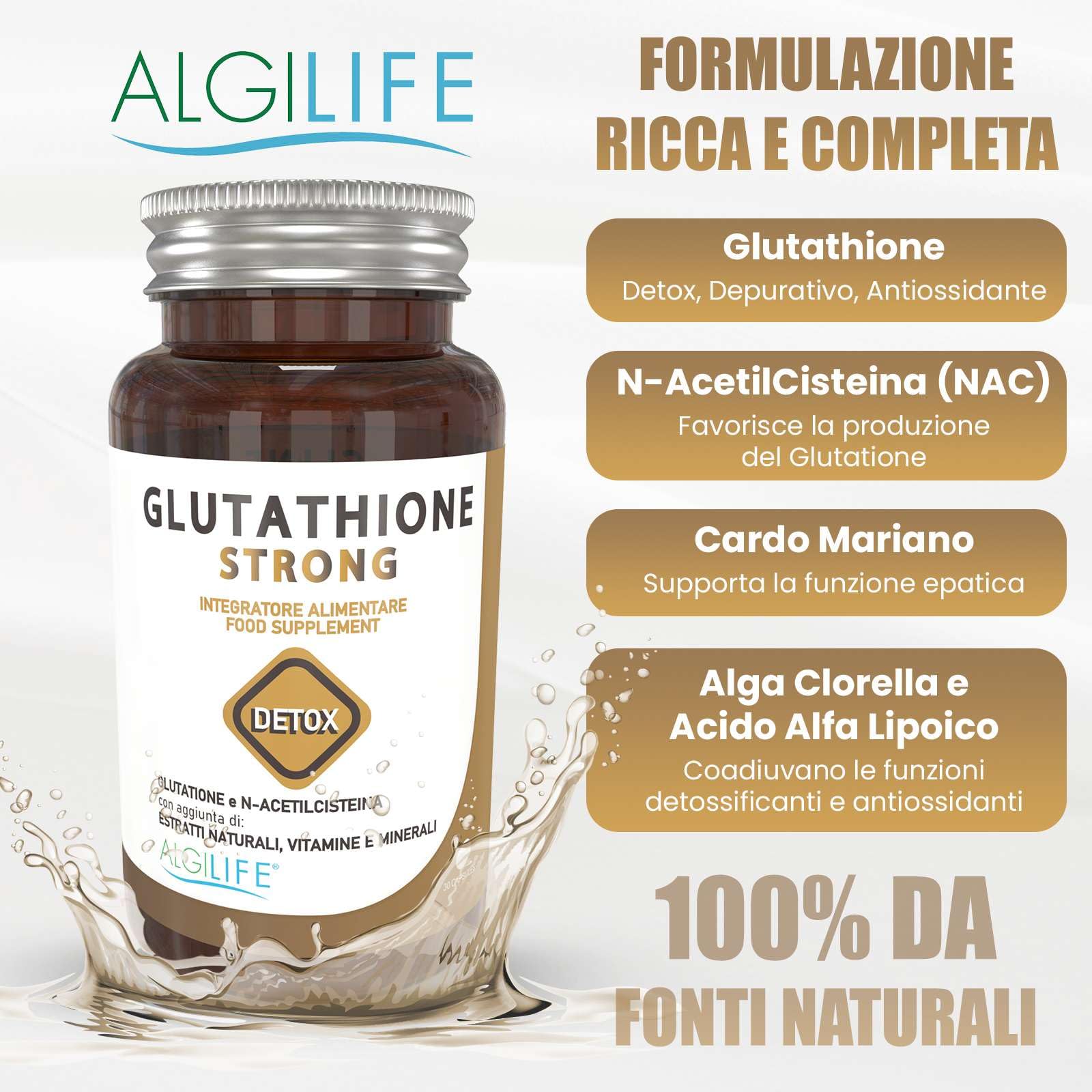 Glutatione Forte con NAC N-Acetil-Cisteina, Acido Alfalipoico, Cardo Mariano, Vitamina C, E, B2 e Minerali. Glutatione Ridotto per una Pelle Giovane. Glutathione con N Acetilcisteina (30 compresse)