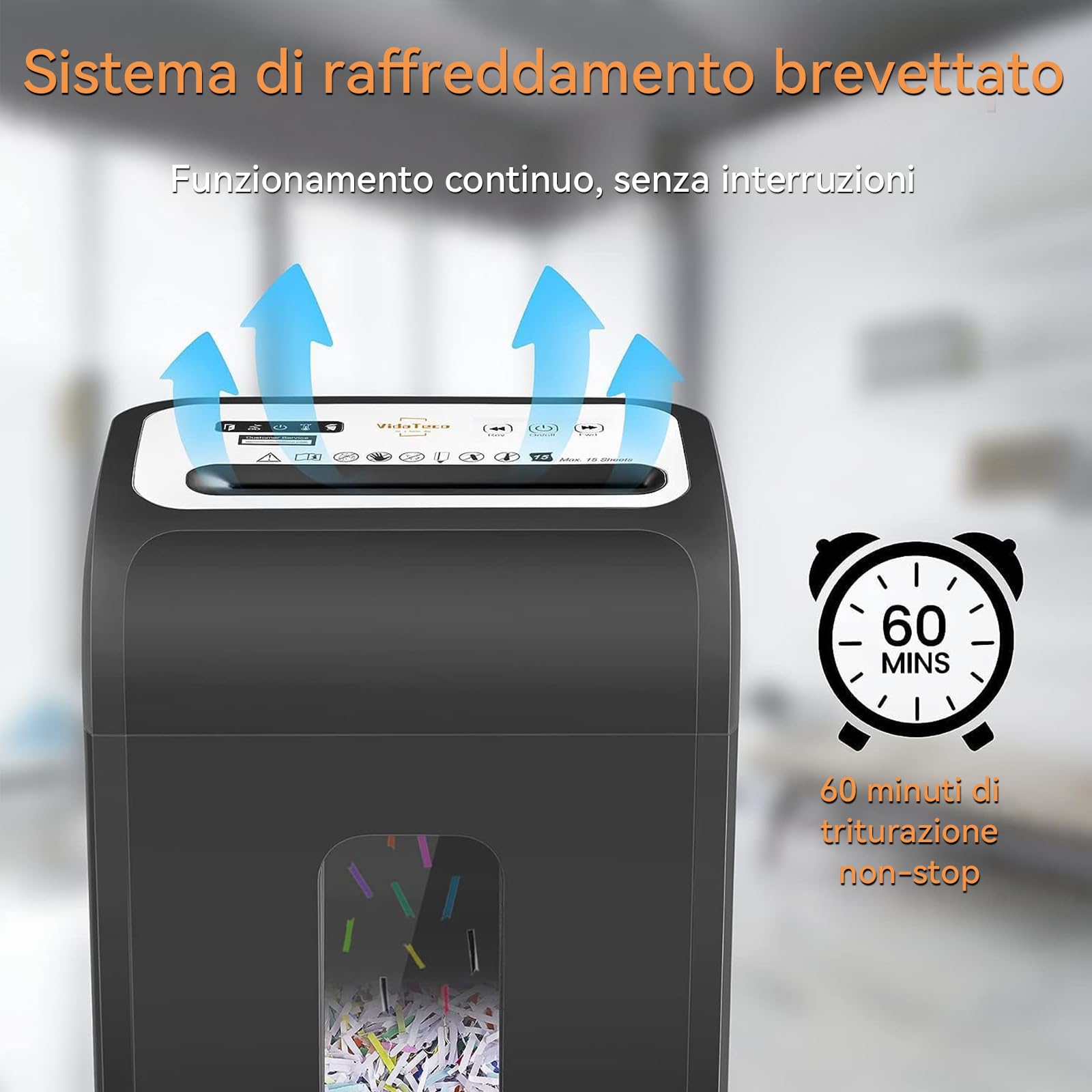 VidaTeco Distruggidocumenti 15 Fogli Taglio Crociato P4, 60 Minuti Funzionamento, Cestello 20L, 58dB Silenzioso, per Ufficio/Home Office
