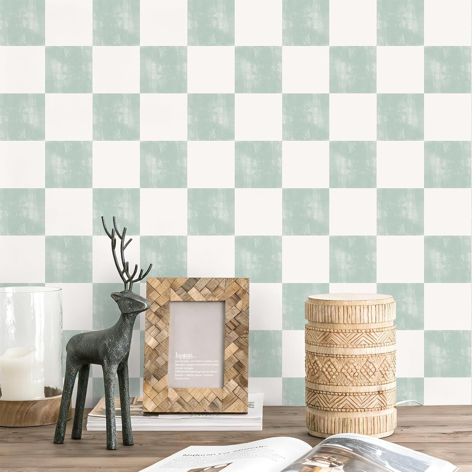 VEELIKE Funky Sage Green Checkered Wallpaper Peel and Stick Checkeredboard Pattern Wallpaper for Bedroom Nursery Renters 17.7''x354'' Self Adhesive Plaid Vinyl Contact Paper for Walls Cabinets Shelves