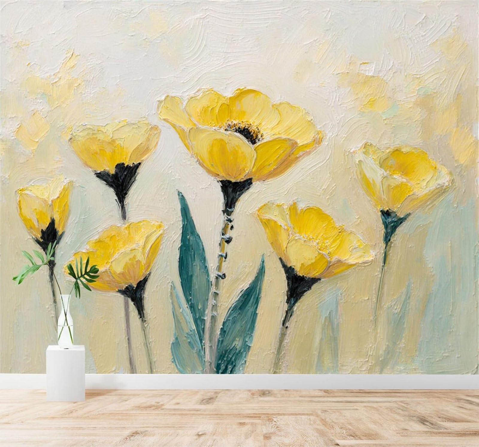 XLMING Minimalist Hand Drawn Yellow Flowers Abstract Art 3D Wallpaper Silky Texture Home Study Office Grey Dining Room Sofa Bedroom Living Room TV Backdrop-430cm×300cm