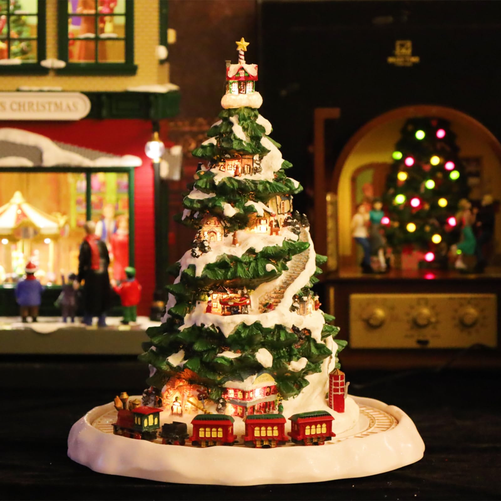 Village De Noël Animé, Maison De Noël en Résine, Lumières LED Intégrées Et 30 Mélodies, avec Petit Train Rotatif, Alimentation 9V, Idéal comme Décoration De Bureau Ou De Cheminée