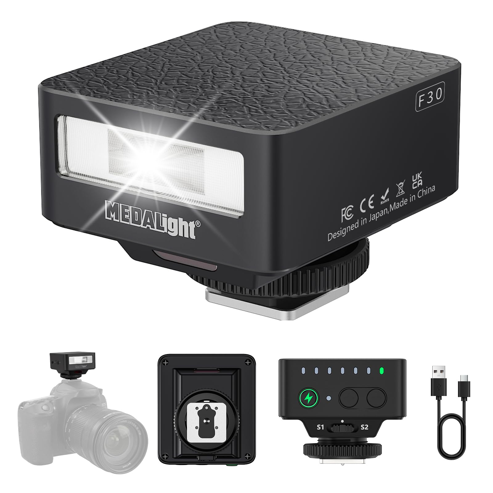 MEDALight Mini flash de cámara F30, flash GN15 de 7 niveles de potencia, flash manual de zapata caliente para Sony ZV1/Ricoh GR3/Nikon/Canon/Fuji/cámaras de película digital/cámara DSLR (no compatible