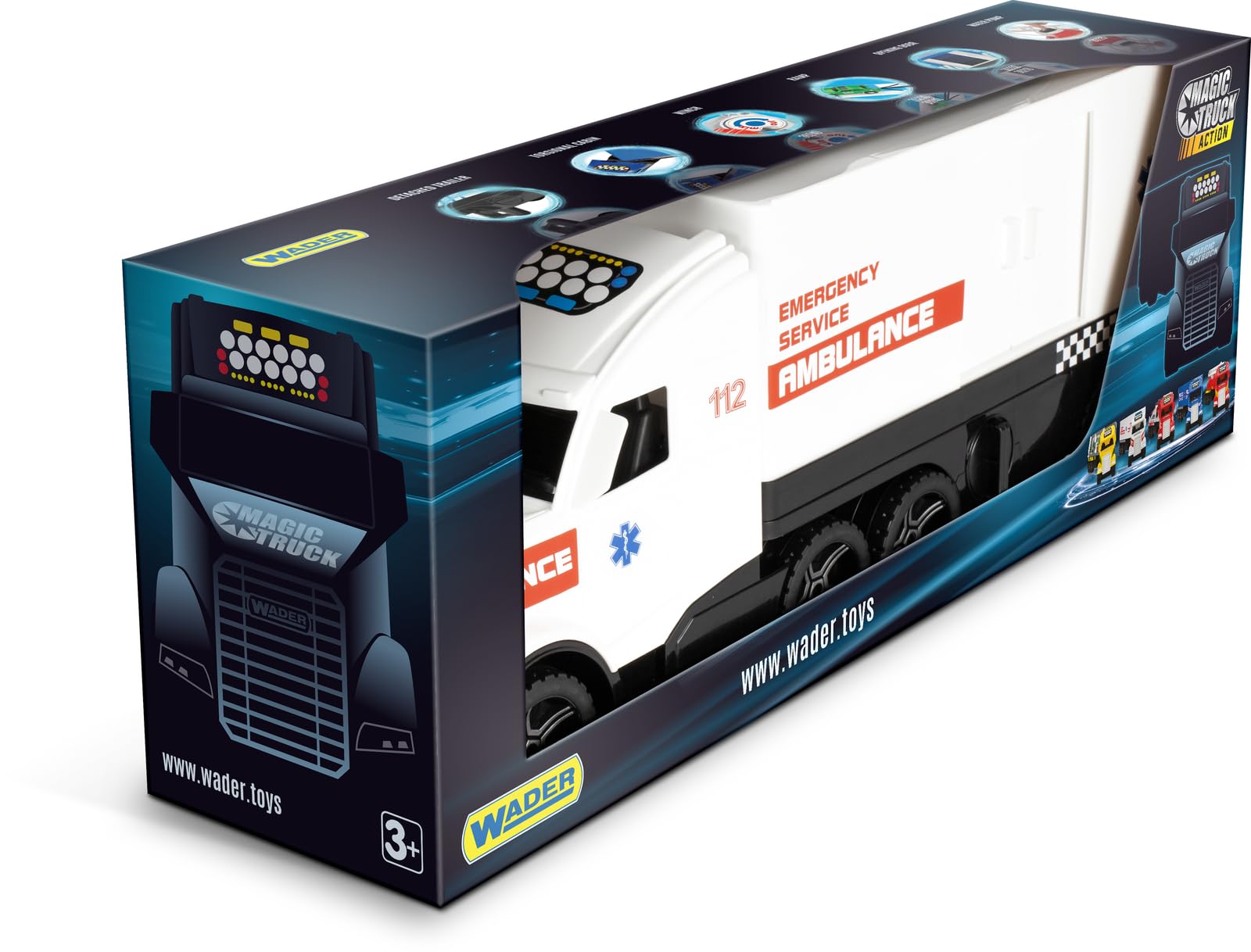 Wader 36211 - Magic Truck Ambulanza, Veicolo di Emergenza con Porta Laterale, Dimensioni Circa 79 cm, per Bambini dai 3 Anni in su, Adatto Come Regalo per Il Gioco Creativo