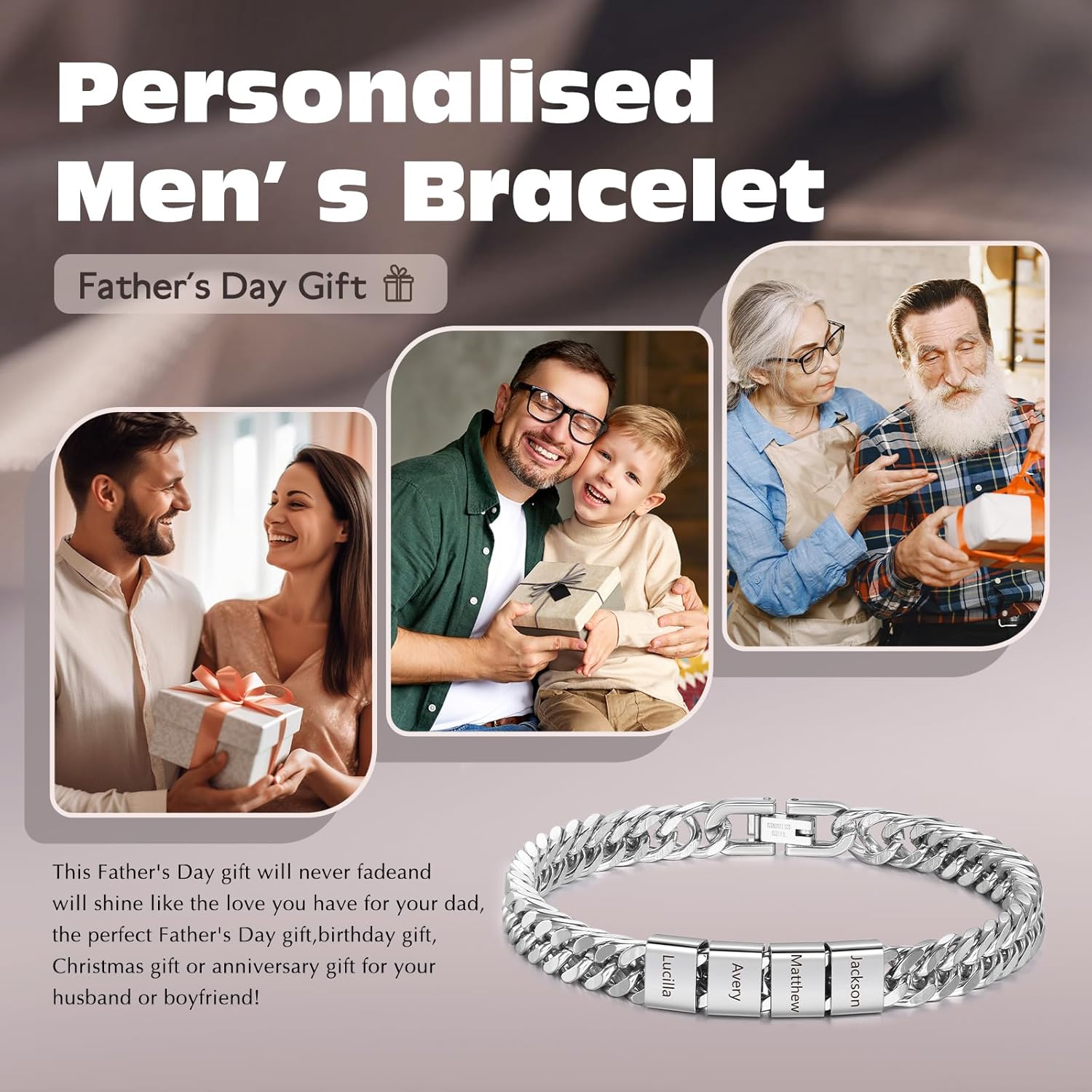 Personalized Bracelet for Men with 2-6 Family Names Stainless Steel Mens Bracelet for Dad Customized Jewelry Gifts for Fathers Day Christmas