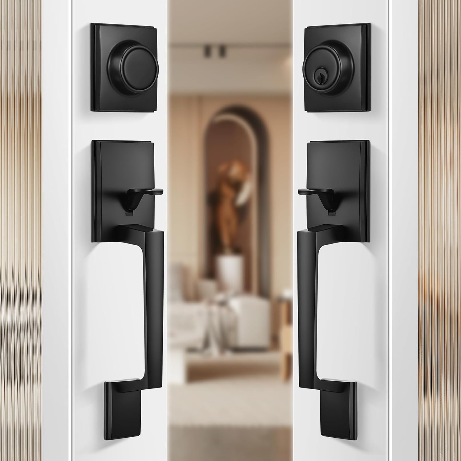 Leydebong Double Front Door Handle Set, Black Square Door Lever, Exterior Door Knob & Deadbolt Combo, Door Lock Set for Front/Back/Office Doors, Heavy Duty Door HandleHandle