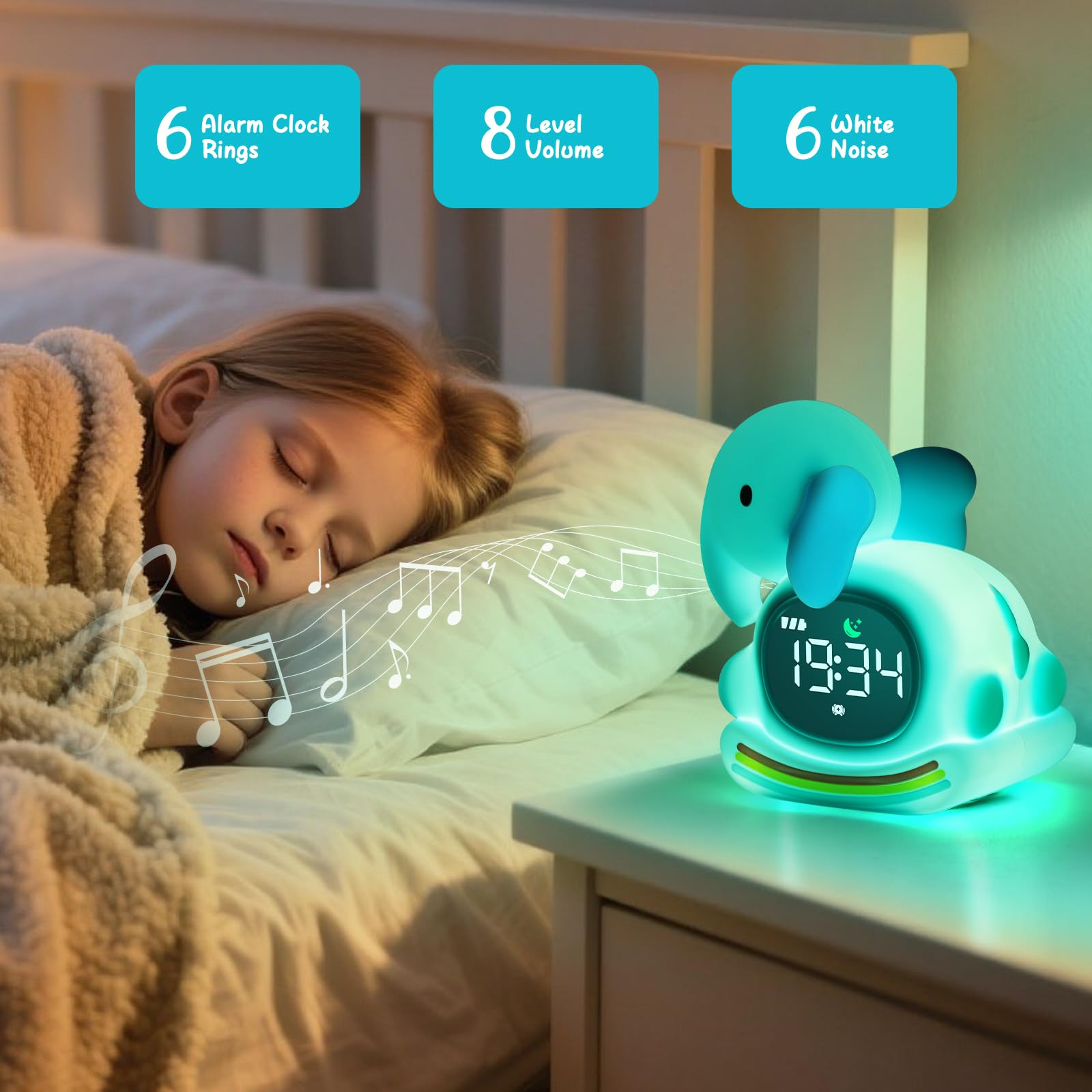 Réveil éléphant avec veilleuse pour enfants, réveil d'entraînement au sommeil pour tout-petits filles et garçons, horloge pour chambre à coucher, réveil pour enfants, rechargeable, RVB, idée cadeau