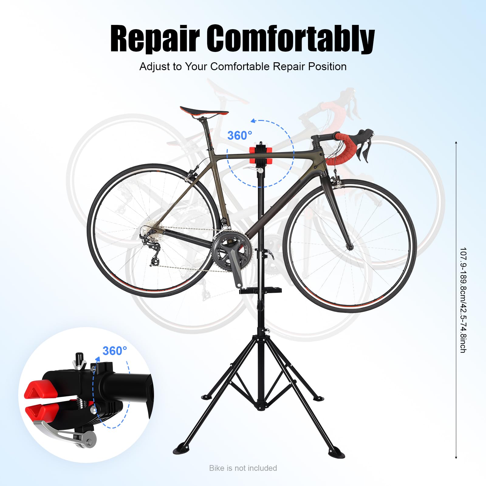 MccoMMon Supporto professionale per il montaggio della bicicletta, 50 kg, supporto per attrezzi, per e-bike, pieghevole, regolabile in altezza 108-190 cm