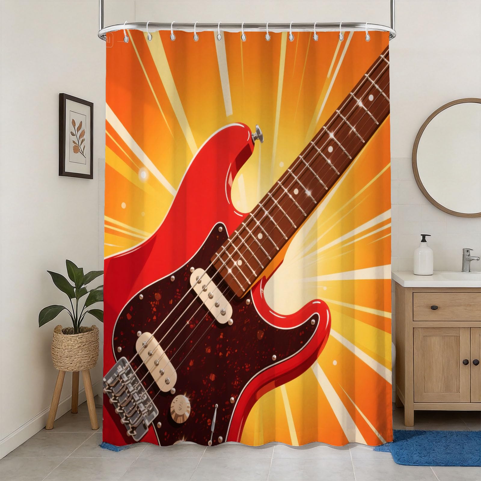 Hongduo 3D Electric Guitar Shower Curtain for Stalls Bathtubs Vintage Style Bathroom Decor Shower Curtain Set Polyester Fabric Waterproof 200x200cm/79X79 Inch with Hooks