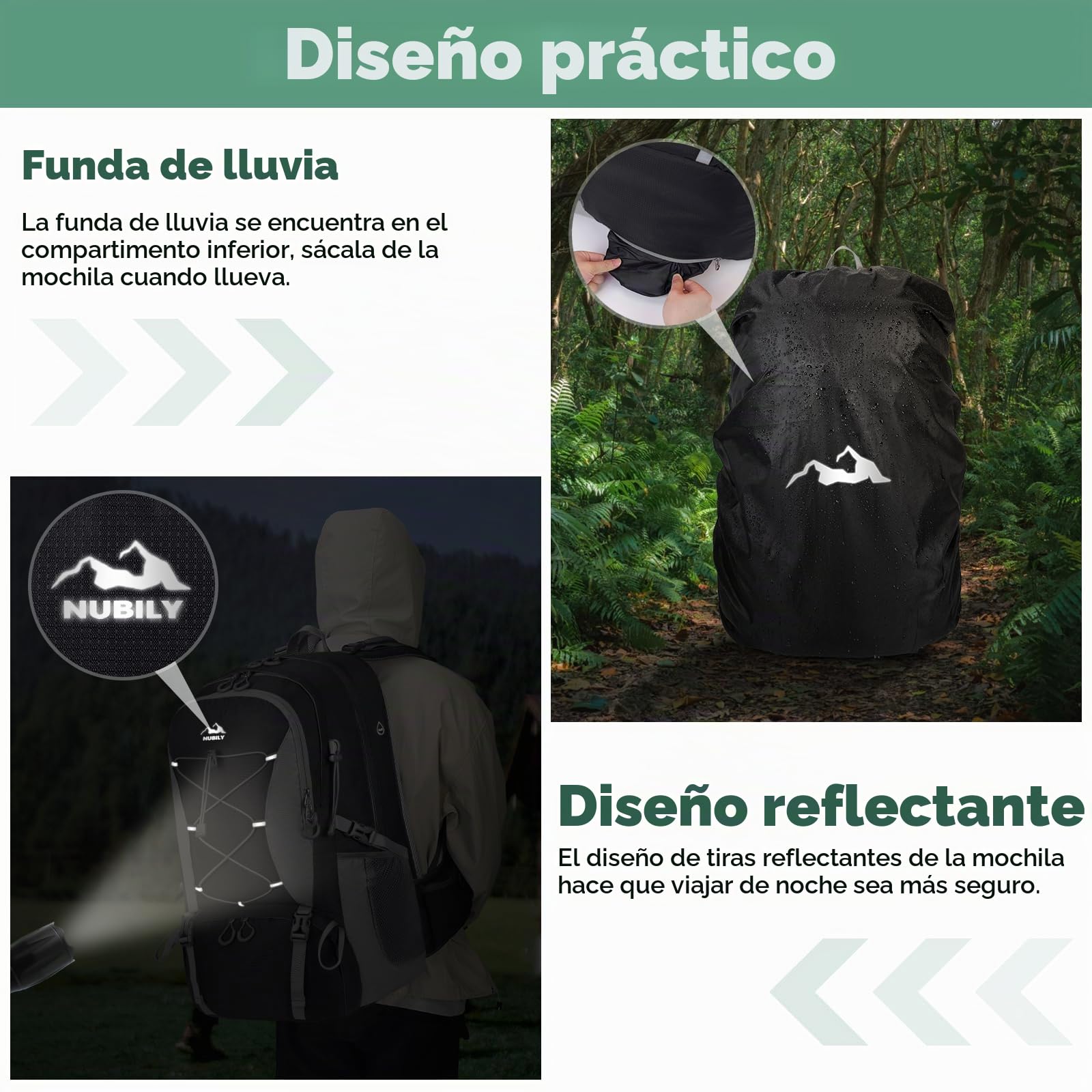Mochila Senderismo Hombre Impermeable 50L Mochila de Camping Ligera Negro