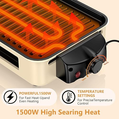Miniatura 4 de Parrilla eléctrica para interiores de 1500 W, 2 en 1, sin humo, para cocina, con parrilla extraíble antiadherente y placa de plancha, parrilla