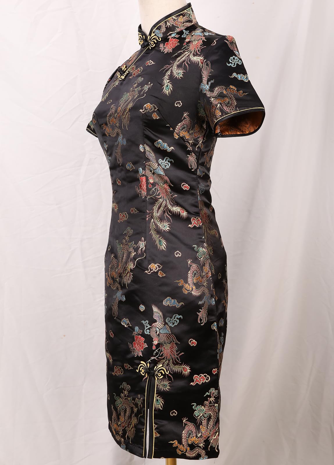 Abito da donna Cheongsam aderente collo alla coreana manica corta slim fit spacco laterale stampa floreale drago mini Qipao
