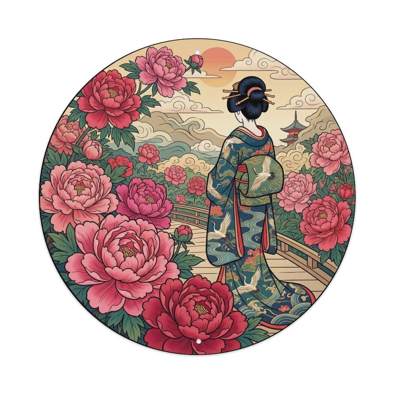 Japanese Geisha Admiring Peony Flowers Blooming Metal Tin Sign