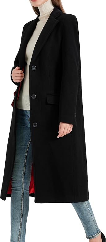 Women’s Black 70% Wool & Cashmere Covert Overcoat – Winter Coat with Velvet Collar, Red Satin Lining & Concealed Fastening