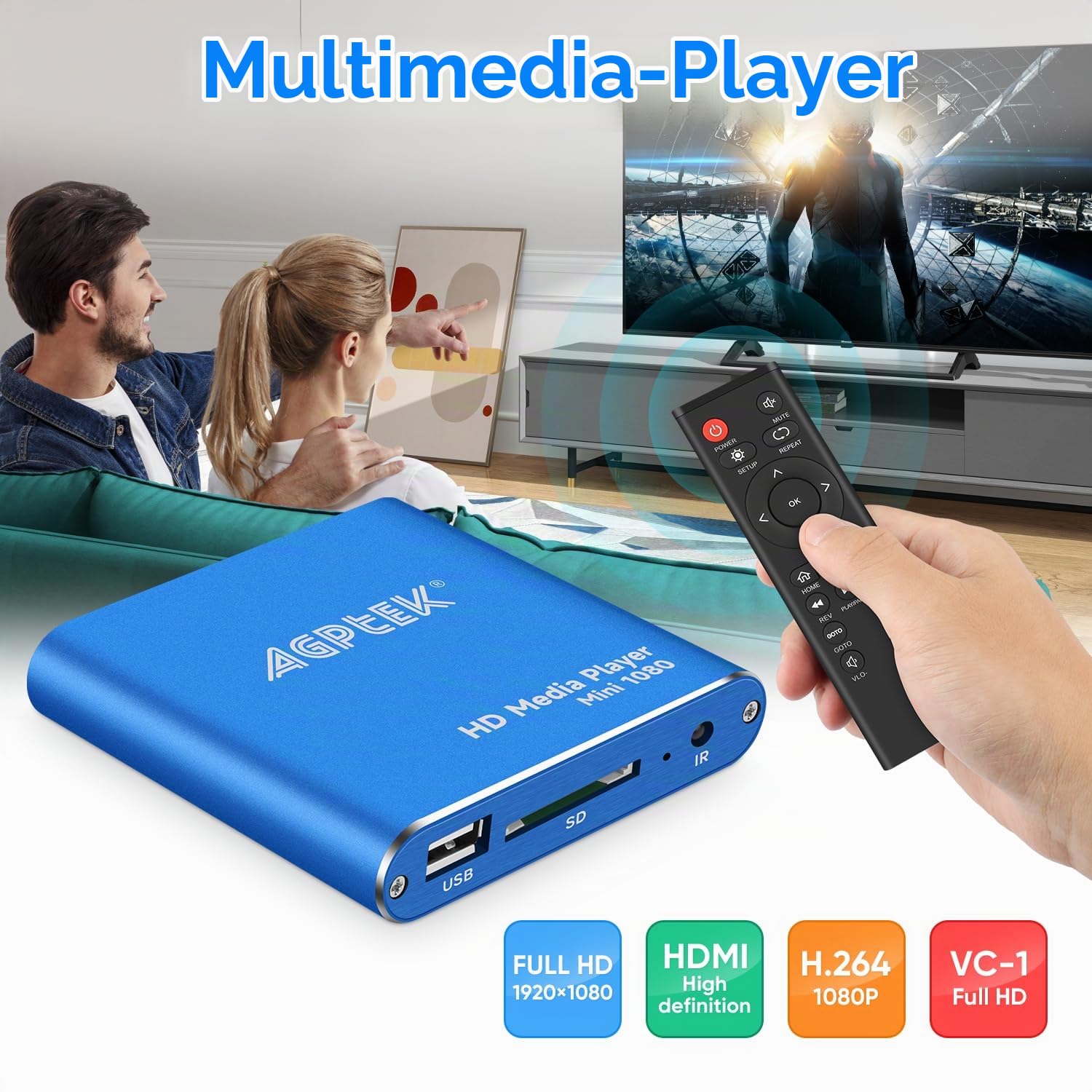AGPTEK Mini 1080P Full HD Ultra HDMI Player für -MKV/RM- HDD USB, Multimedia-Player HDMI mit Fernbedienung für MP3, WMA, OGG, AAC, Flat, Ape, AC3, DTS, Atra (blau)