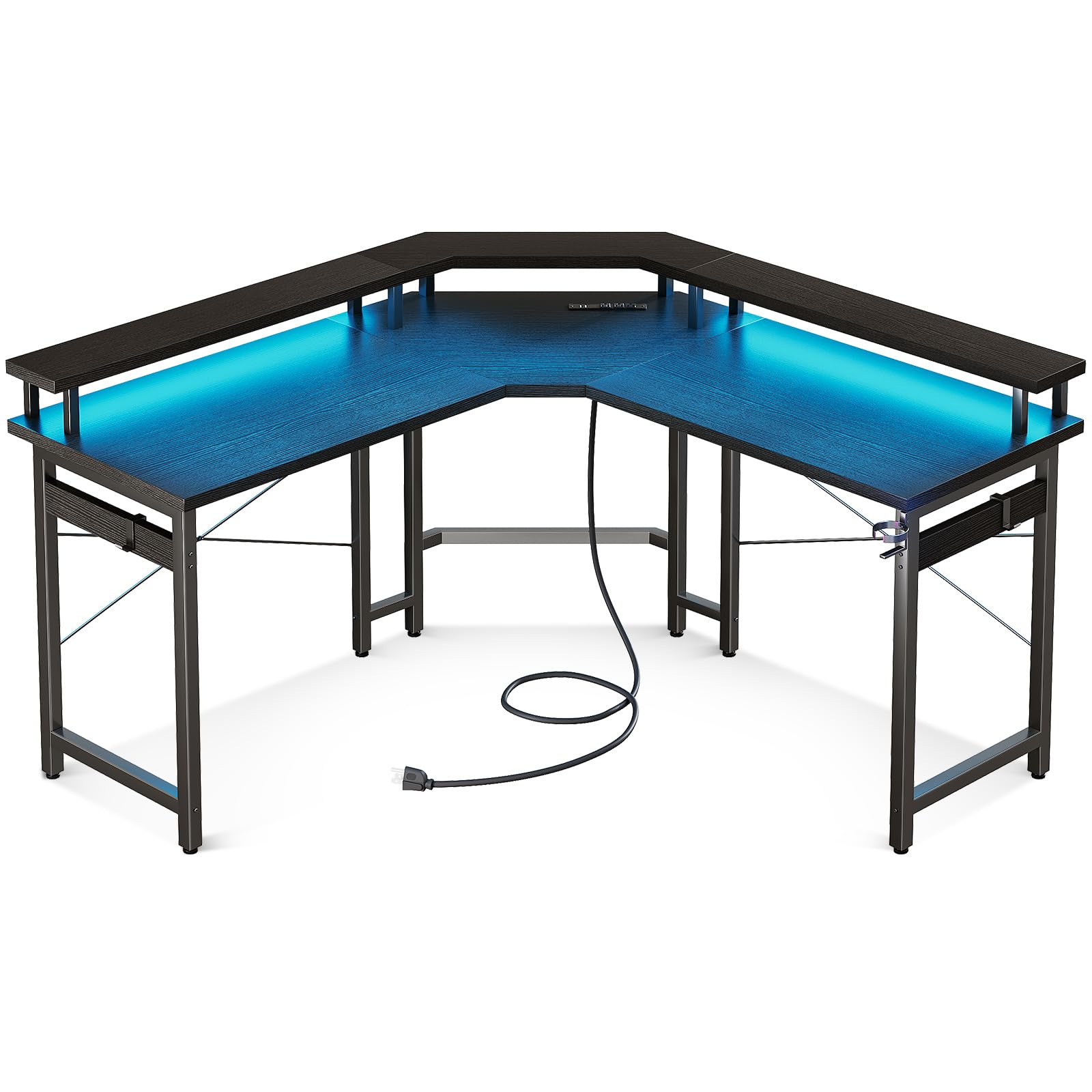 ODK L Shaped Gaming Desk with LED Lights & Power Outlets, 51" Computer Desk with Full Monitor Stand, Corner Desk with Cup Holder, Gaming Table with Hooks, Black