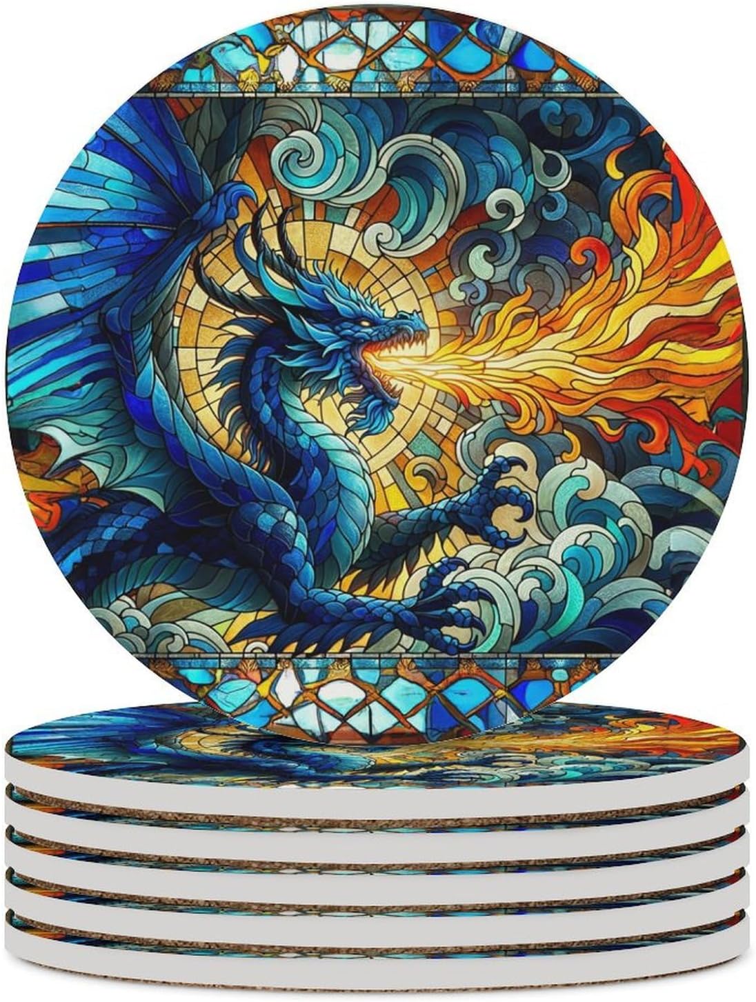 Dragon Drink Coasters, Round Ceramic Drink Coaster Round-6PCS, Medieval Magic Fantasy Animal Mythical Dragon Flame Decor Absorbent Ceramic Coasters for Beverage Cup, Bar, Coffee Table