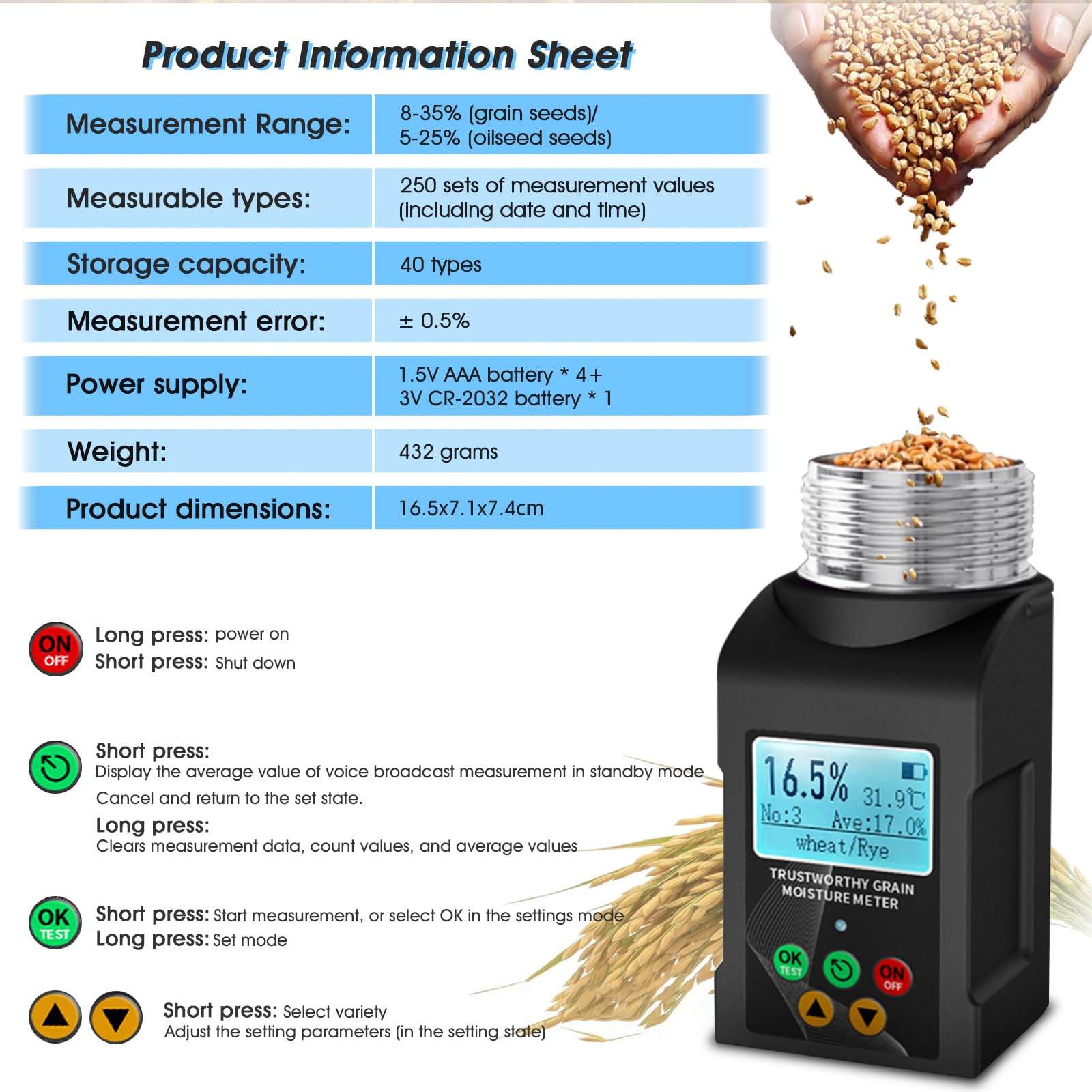 Misuratore di umidità portatile per cereali (40 tipi di cereali) Misuratore di umidità per cereali Uscita vocale multilingue, display LCD e memorizzazione dei dati. Adatto per colture quali mais