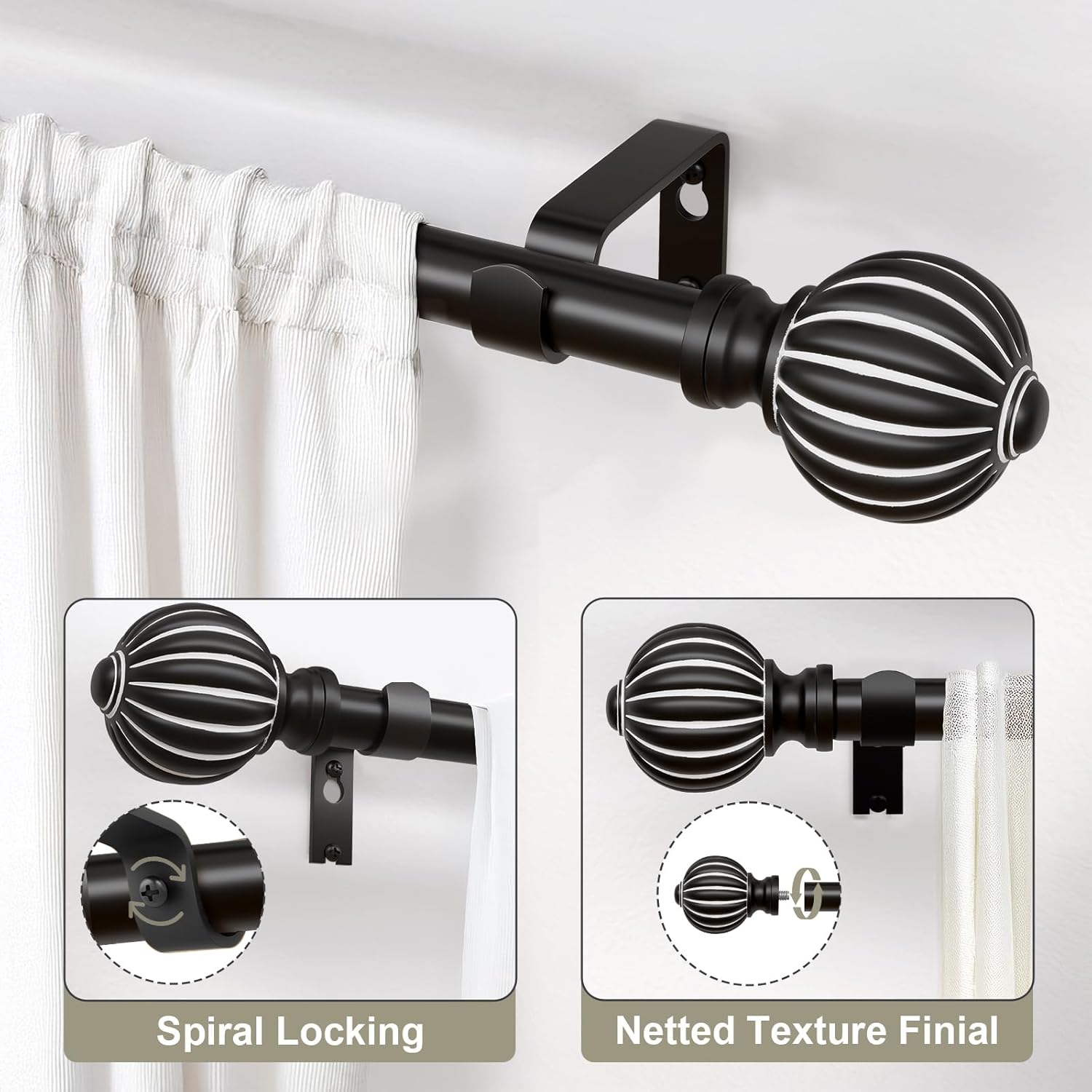 QDWIS Black Curtain Rods for Windows 66 to 120 Inch, 1'' Adjustable Heavy Duty Curtain Rod，Vintage Decorative Drapery Rods with Pumpkin Finials for Bedroom Living Room