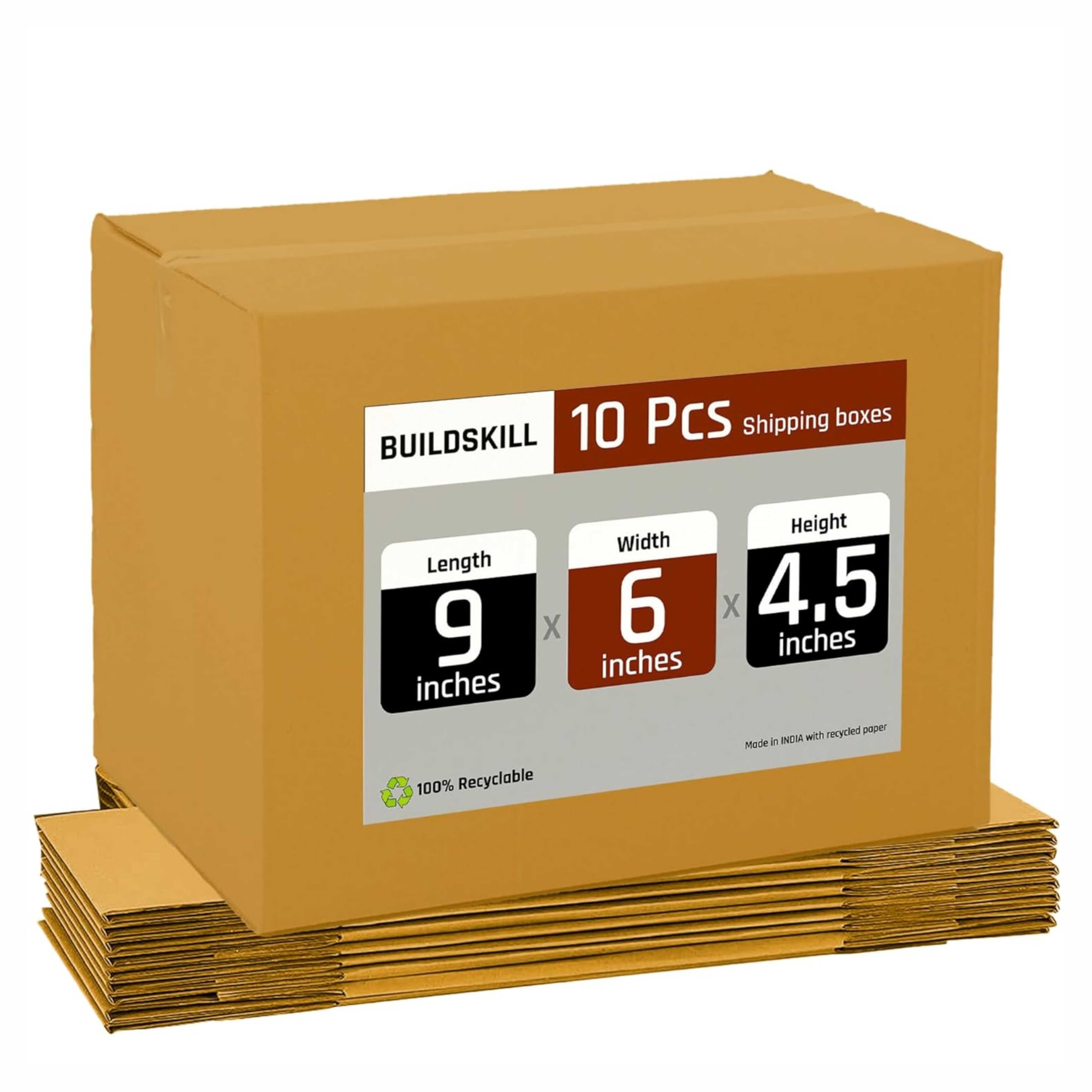 BUILDSKILL Pack of 10 | 3 Ply | 9"X6"X4.5" Cardboard Boxes for Packaging | Brown Corrugated Box for Packing | Shipping | Home Shifting | Parcel | Courier Packing box | Extra Small Carton Box -Recycled