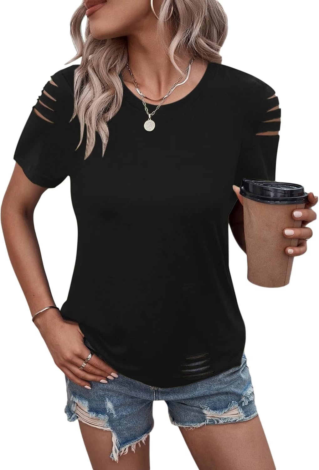 Women’s Short Sleeve T Shirts Crew Neck Ripped Cut Out Summer Casual Basic Tees Tops