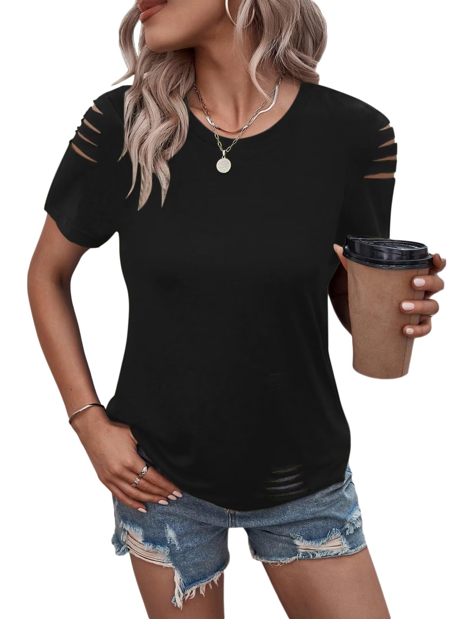 Eachyes Women's Short Sleeve T Shirts Crew Neck Ripped Cut Out Summer Casual Basic Tees Tops