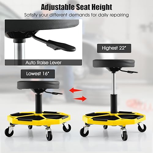 Miniatura 10 de Safstar Garage Shop - Asientos enrollables taburete neumático ajustable con bandeja de almacenamiento de herramientas y 4 ruedas universales