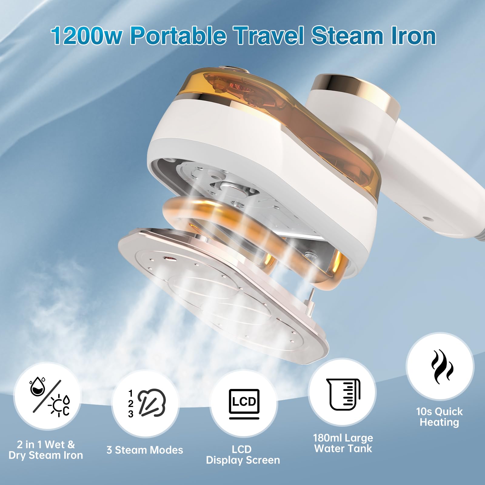 ZHENZHUACC Travel Steamer & Iron 2 in 1, Portable Handheld Mini Steam Iron, 3 Secs Fast Heating, Suitable for Travel, Home & Dorm (Beige)