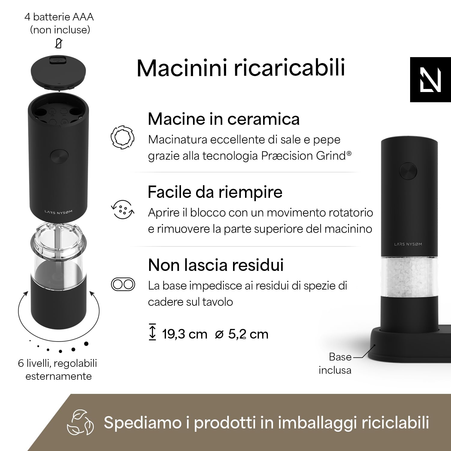 LARS NYSØM Set Macina Sale e Pepe Elettrico | Macinapepe e Macinasale Automatici con Macina in Ceramica Regolabile | Macina Spezie a Batteria (Carbon Black)