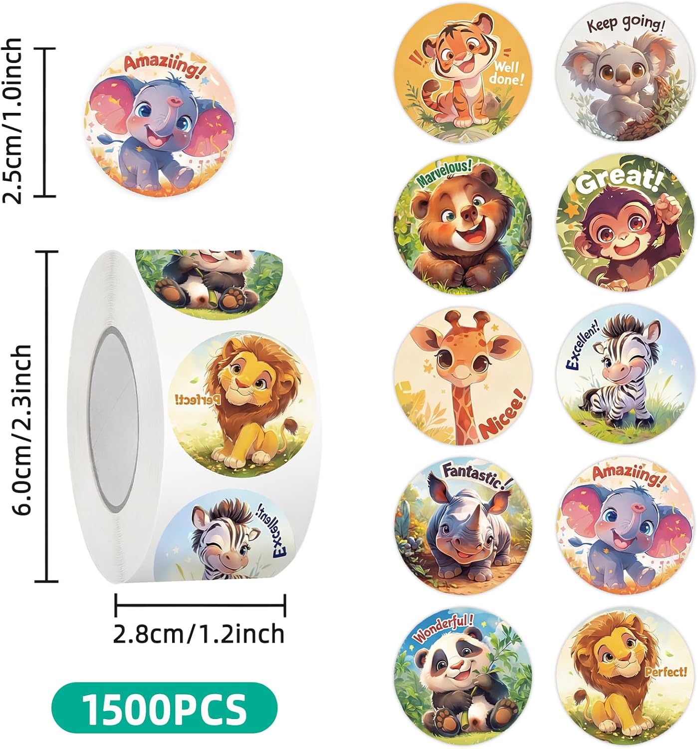 1500 PCS 3 Roll Animal Stickers for Kids, Round Animal Stickers Bulk for Toddlers, Birthday Party Favors Supplies, Reward Incentive Stickers for School, Home, Preschool, Classroom Crafts