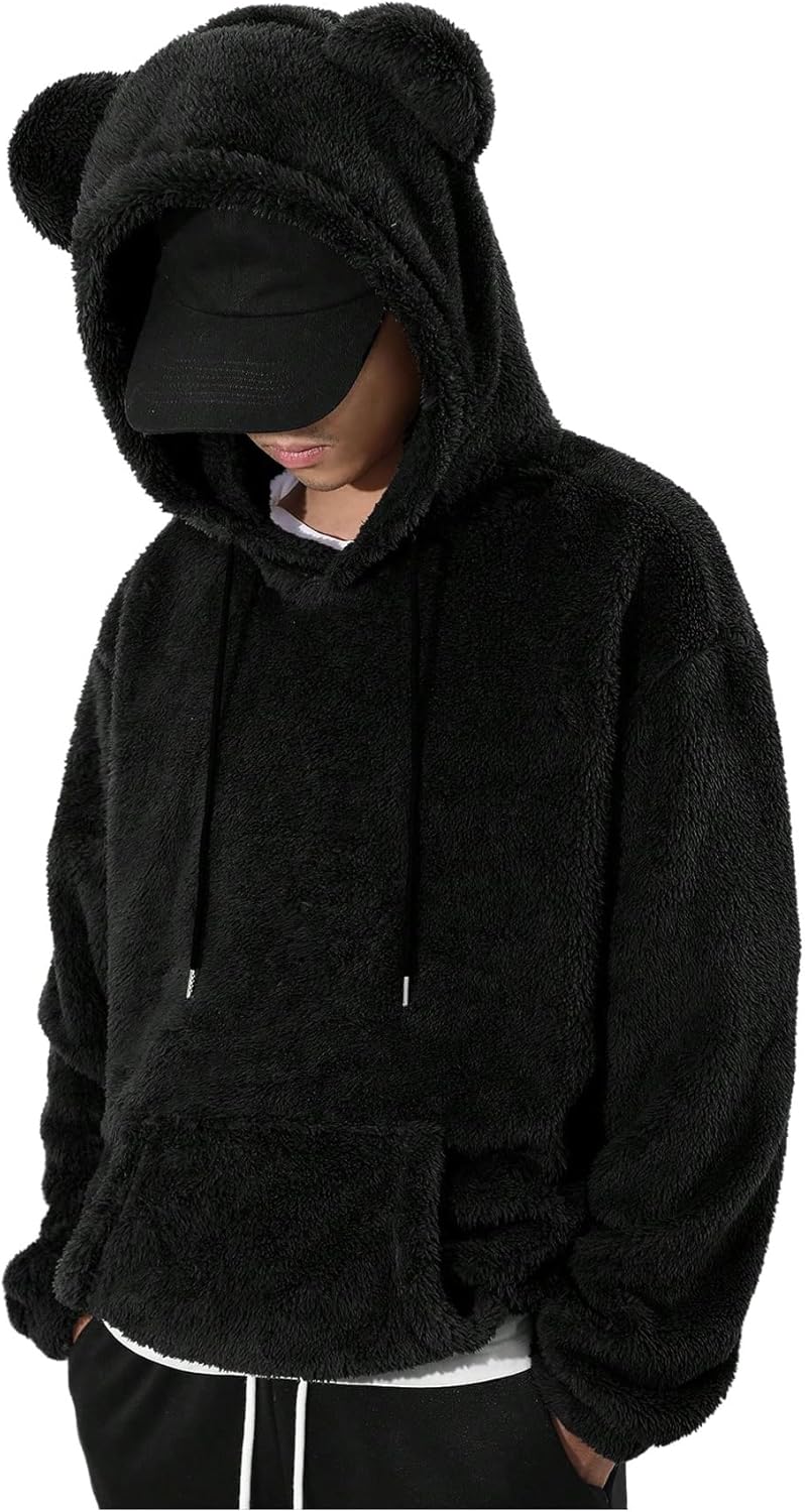 Men's Bear Ear Hoodies Drawstring Long Sleeve Fleece Sweatshirt Fuzzy Pullover Tops