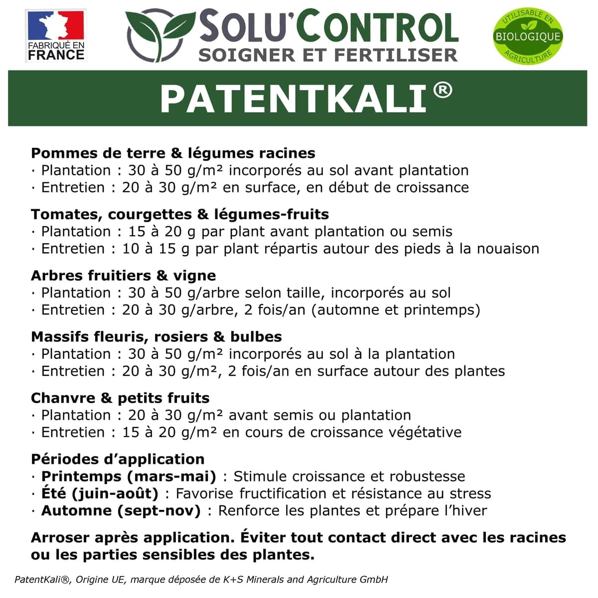 4 kg de PatentKali® SOLU’CONTROL – Engrais Potassique 100% Naturel – NPK 0-0-30 + Magnésium (MgO 10%) et Soufre (SO₃ 44%) – Plantes, Potager, Fruits, Fleurs – Utilisable en Agriculture Biologique