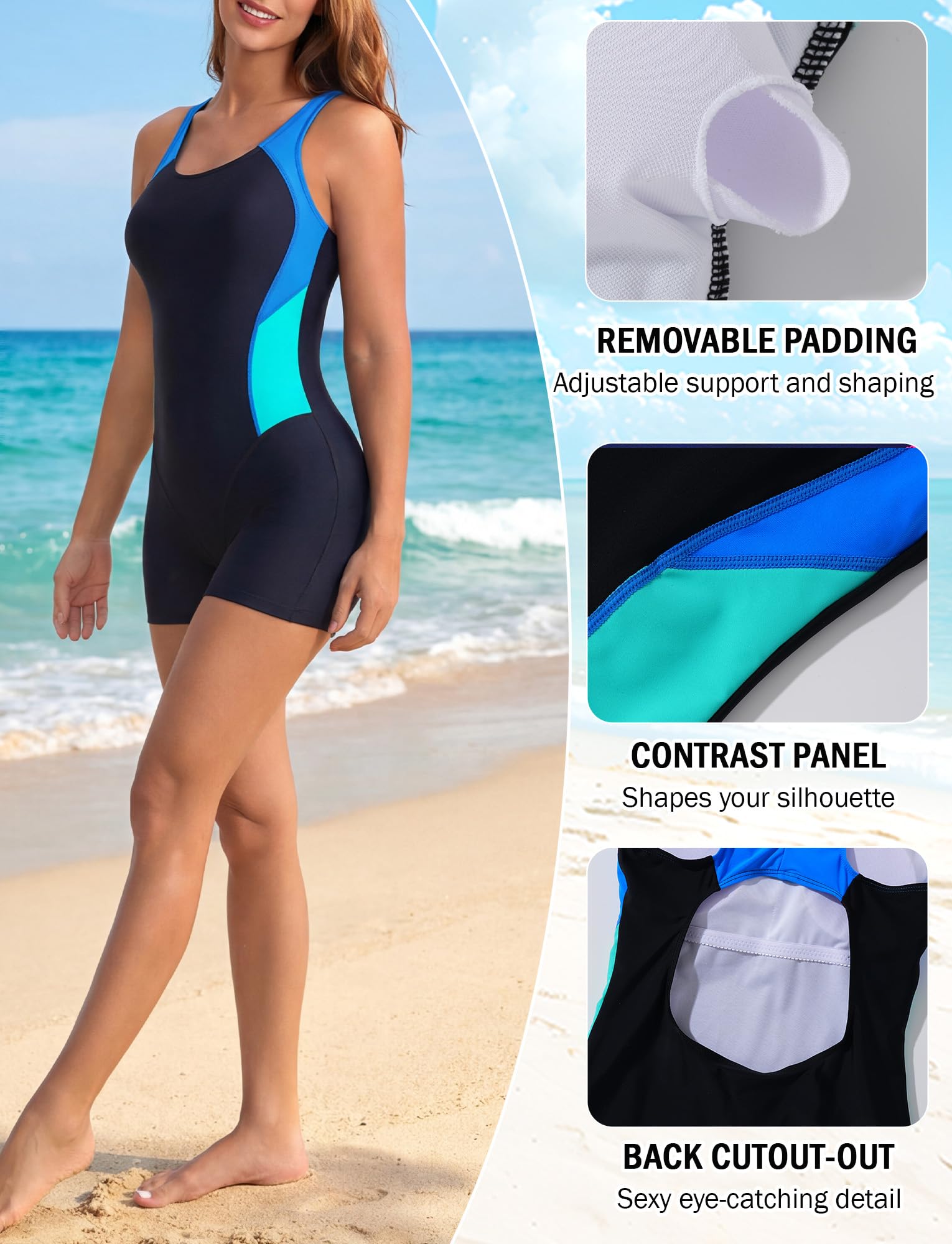 SEAUR Maillot de bain une pièce athlétique femme boyleg bloc couleur dos nageur sport