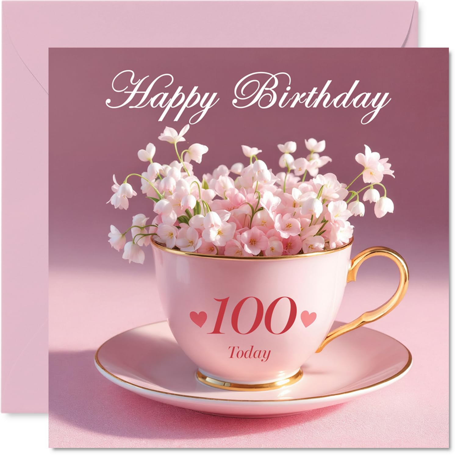 100th Birthday Cards for Women - Cup of Flowers - Happy Birthday Card for 100 Year Old Woman Grandma Auntie Gran Wife, 145mm Bday Greeting Cards