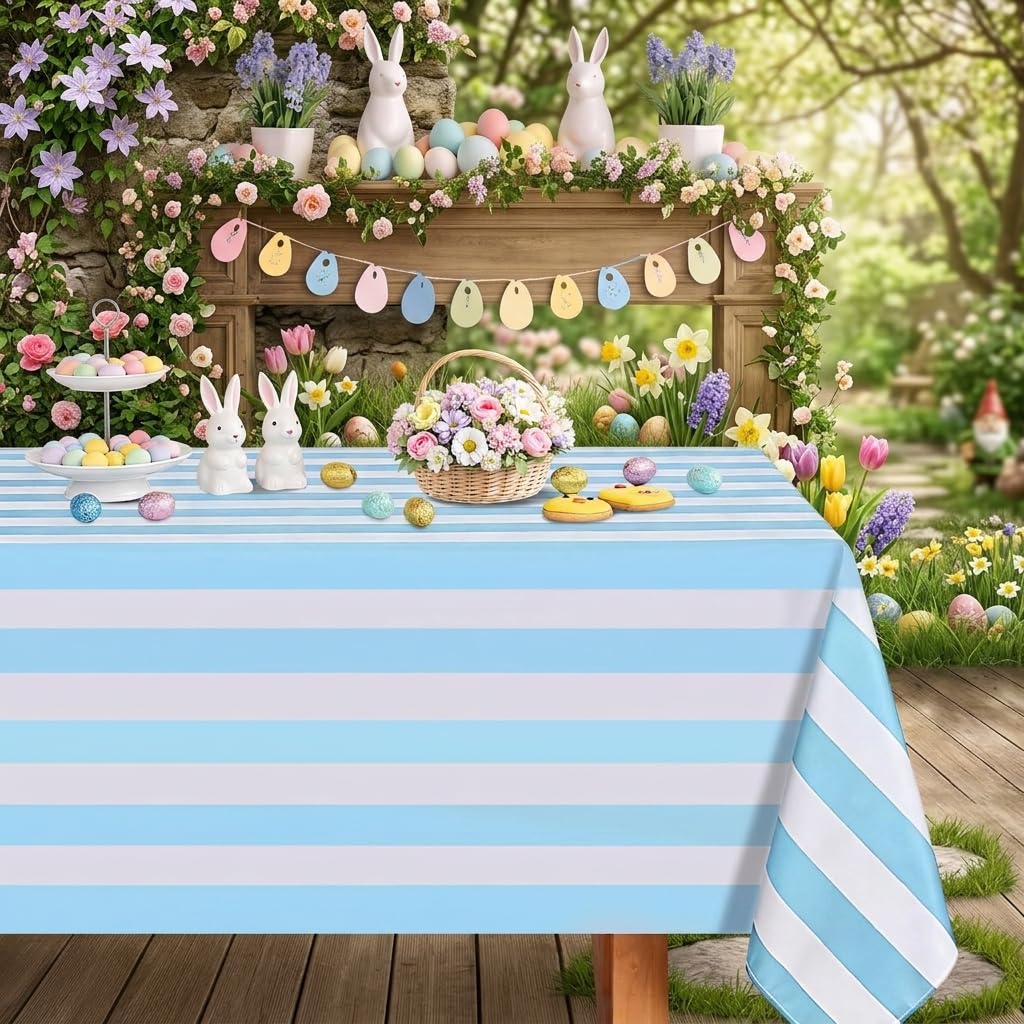 Blue White Striped Table Cloth Rectangular Polyester for Party 140x210 cm