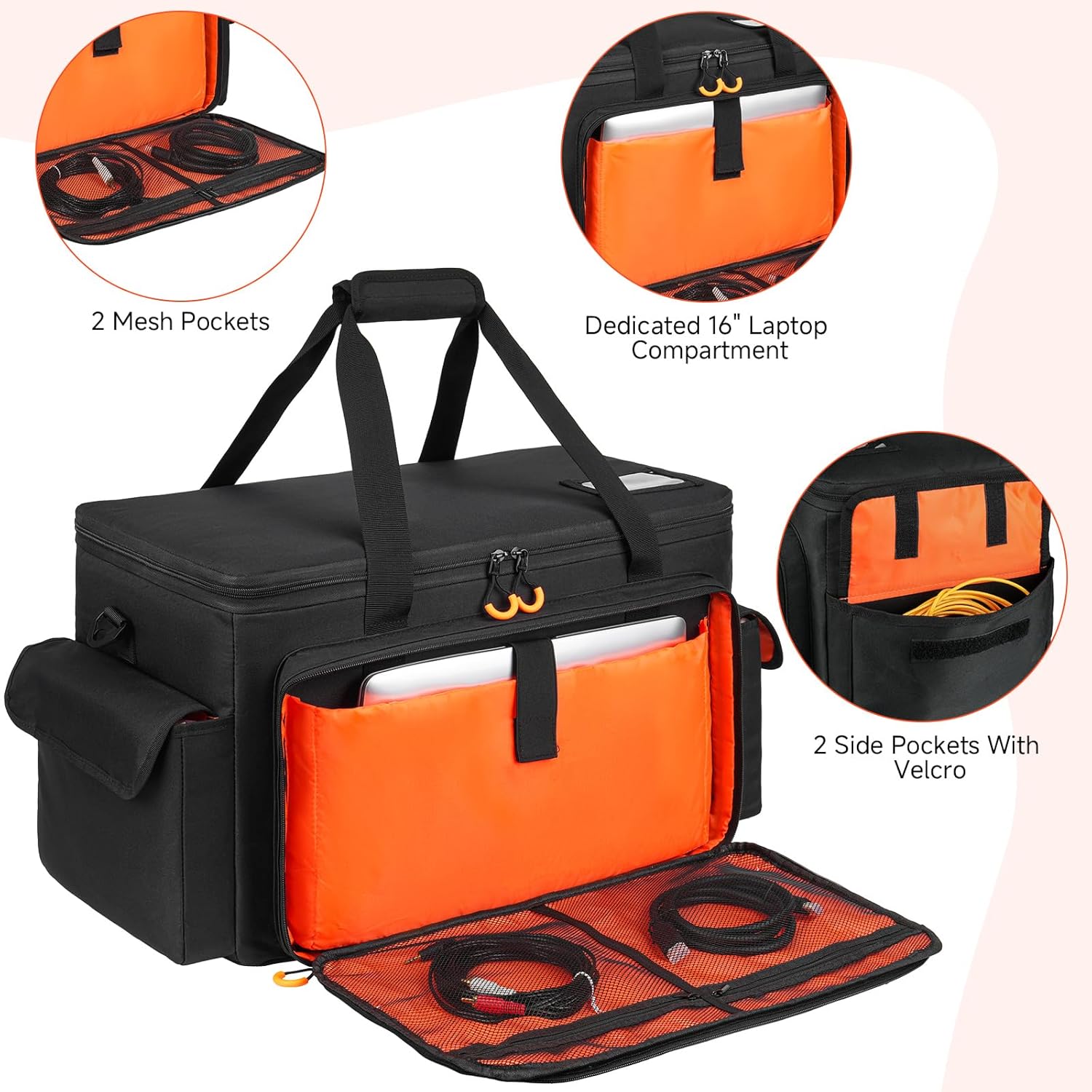 Large DJ Cable & Equipment Bag, featuring a 16" Laptop Compartment, 7 Adjustable Dividers, 4 Fixed Mic Pockets & Cable Organizer, Padded Gig Bag for Musicians and DJ Accessories, Orange