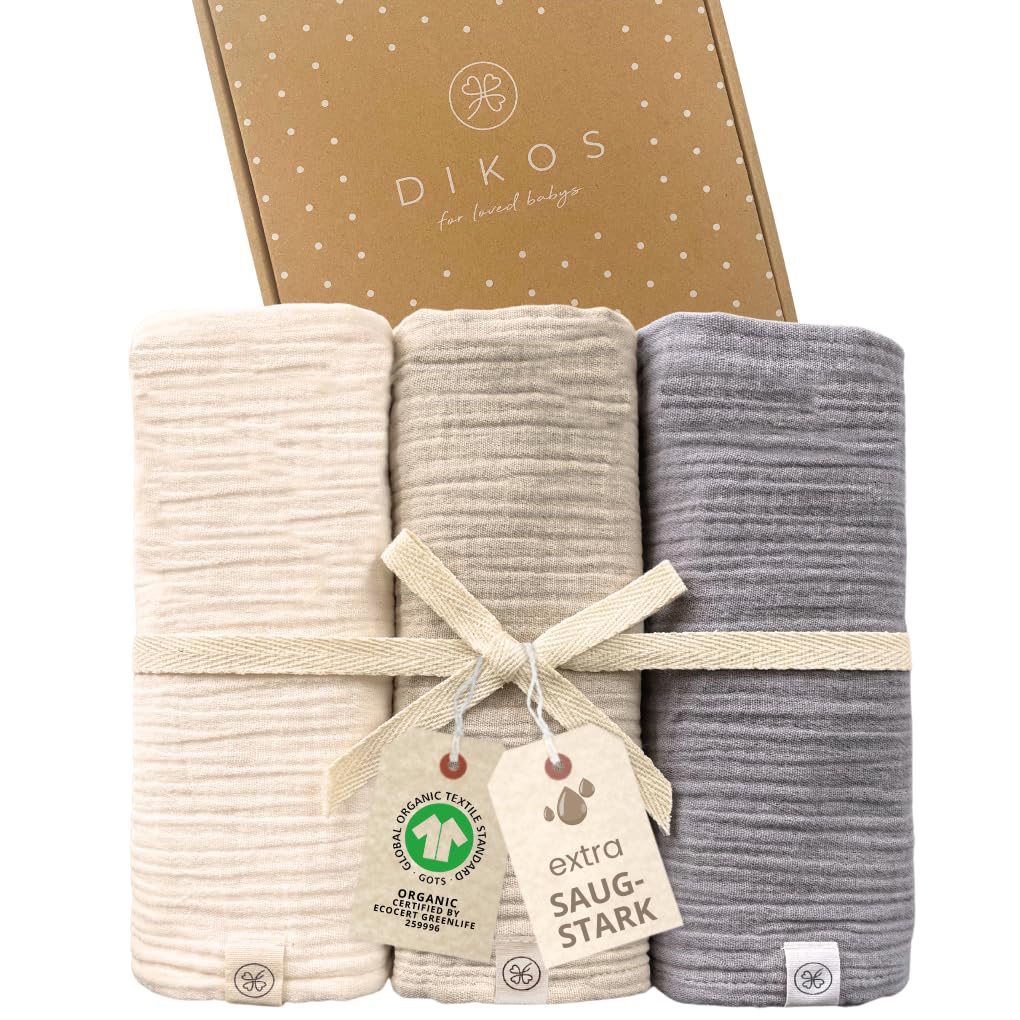DIKOS® Baby Mulltücher 3er Set (Creme, warmes Grau, Taupe) – 64x64cm – weiche & saugstarke Spucktücher aus Bio-Baumwolle (GOTS, Oeko-TEX) – Musselintücher für Erstausstattung – Geschenk zur Geburt