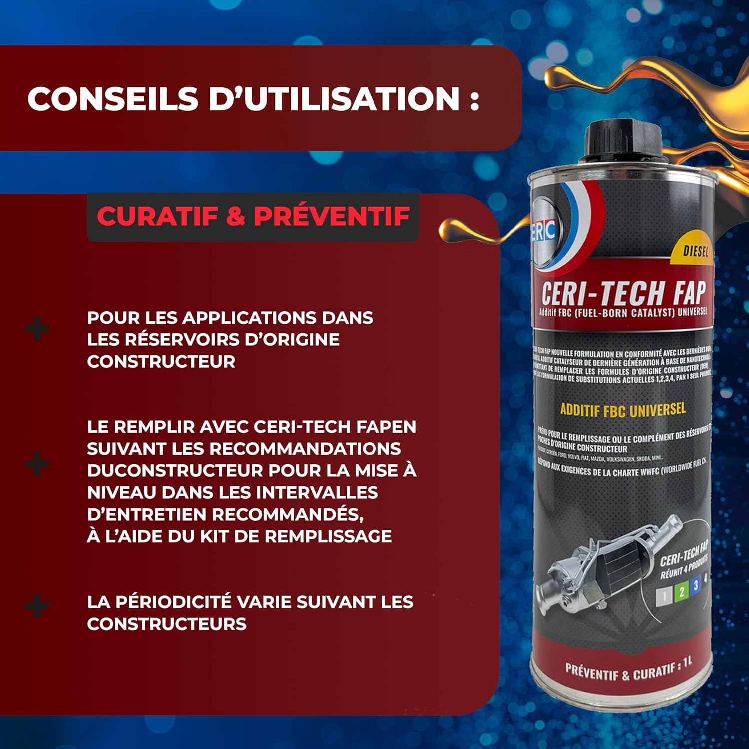 ERC – Ceri-Tech FAP Universale | Additivo Catalizzatore Diesel | Riduce la Temperatura di Combustione | Trattamento Preventivo & Curativo | Conforme ai Requisiti WWFC | 1 L
