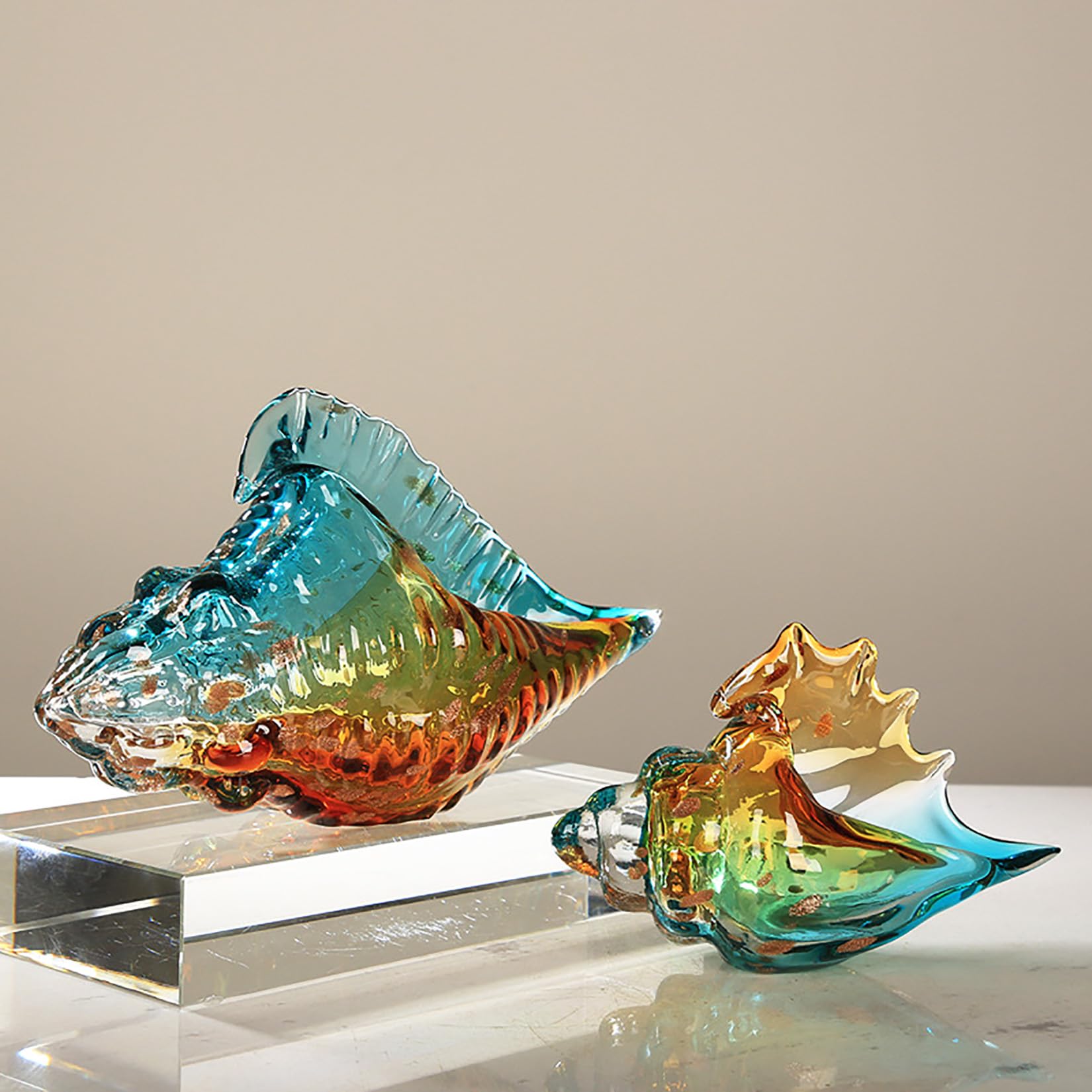 Glas Muschel Deko, Handgefertigte Glasfigur Meerestier Ornament Glaskunst Figuren für Regal Tischplatte,Multi Colored,21x14cm