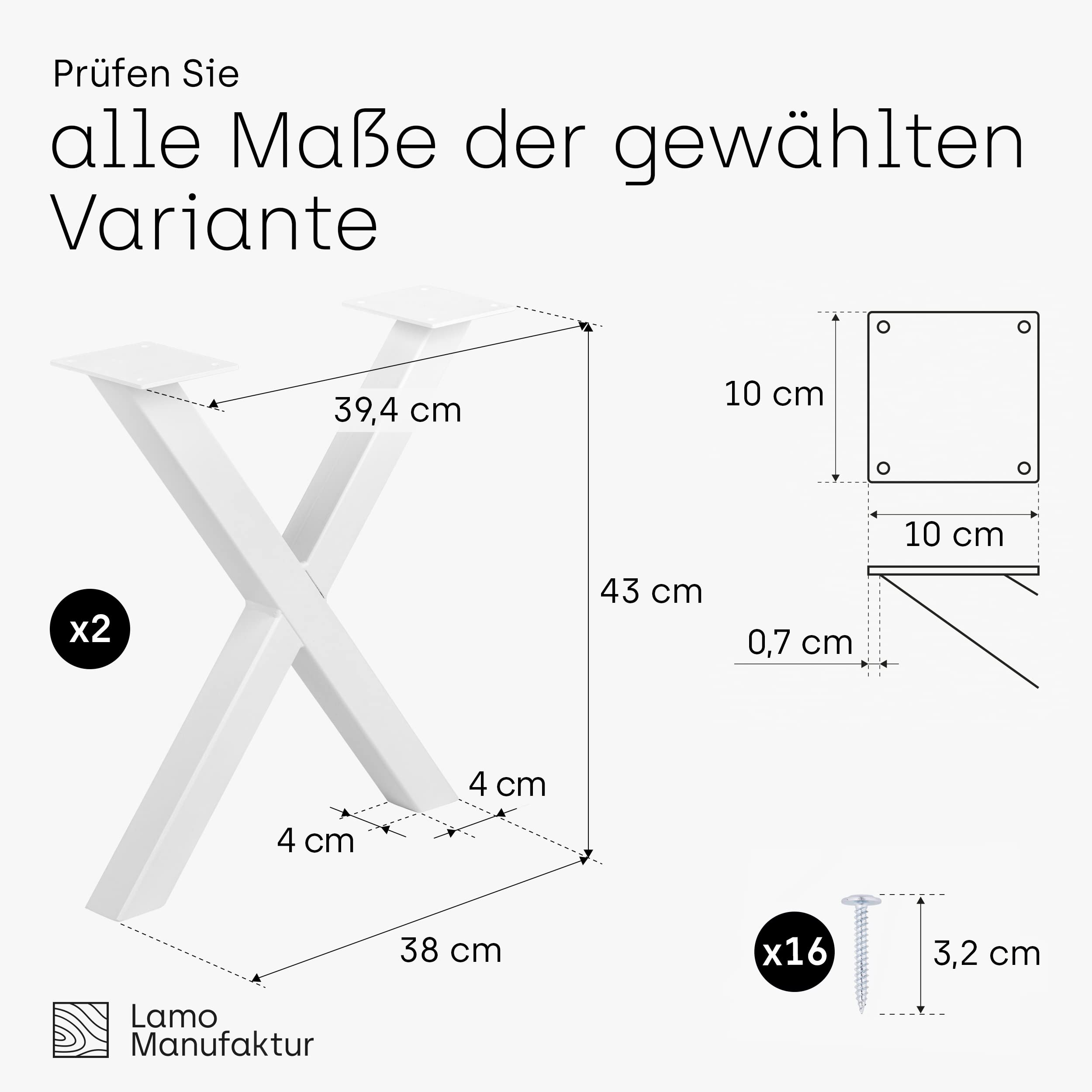 LAMO Manufaktur Patas para Mesa de Café | Mark | Perfil 40x40 mm | 40x43 cm (Ancho x Alto), Blanco | 2 uds. | LTS-03-F-BB-9016
