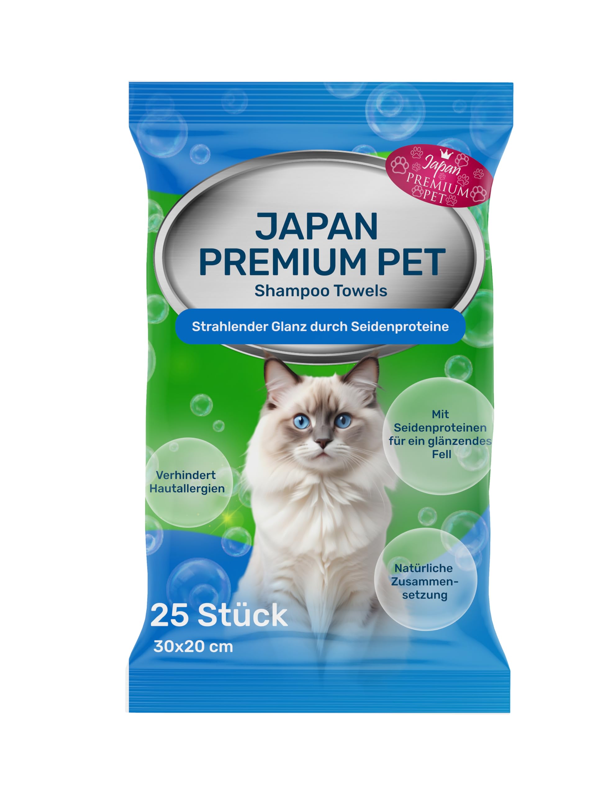 Japan Premium Pet Katzenhandtuch | Reinigungstücher, die wie Trockenshampoo für Katzen wirken | Reinigen & desodorieren mit Fresh Closure & Honigextrakt | 25 St | (30 x 20 cm)