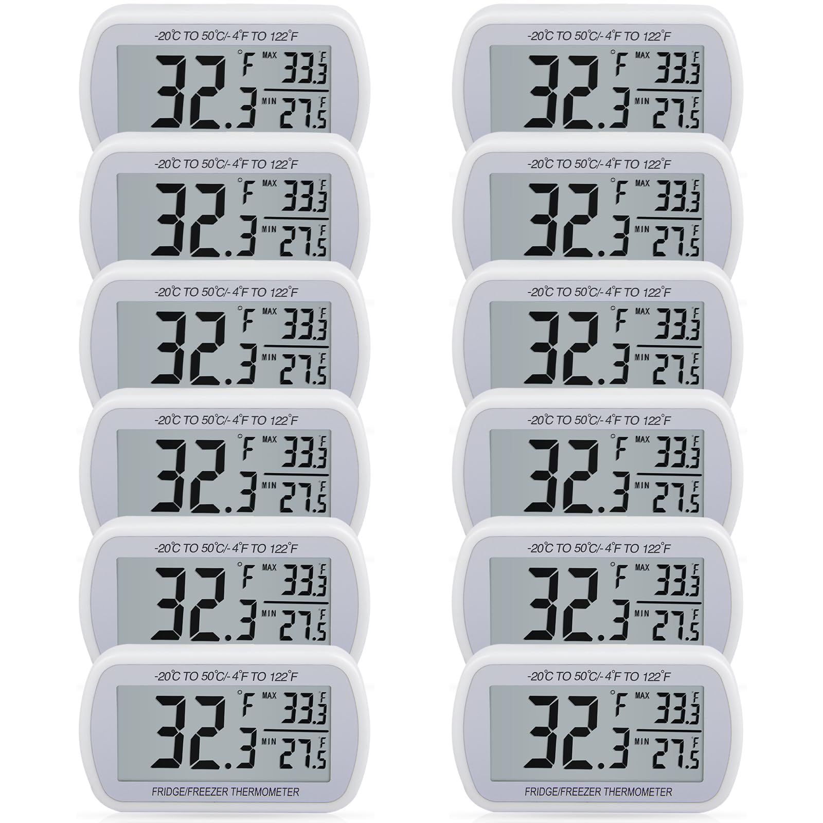 AEVETE Confezione da 12 termometri digitali impermeabili per frigorifero, grande LCD, termometro per congelatore con retro magnetico, senza fronzoli, facile da leggere