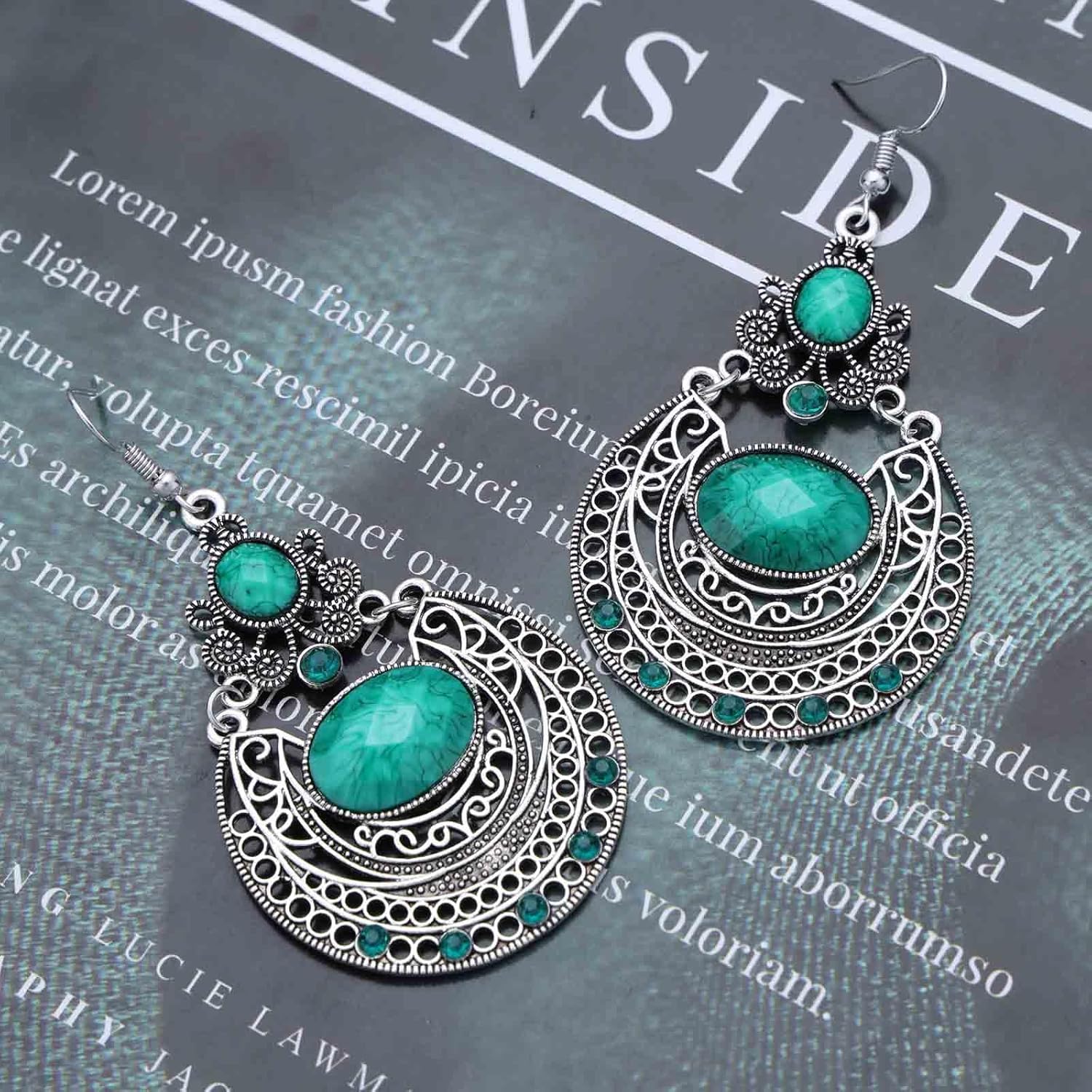 Andelaisi Boho Filigree Teardrop Drop Earrings Vintage Tribal Geometric Hook Earrings Silver Ruby Waterdrop Dangle Earrings Ethnic Gypsy Pattern Chandelier Earrings Jewelry for Women - Image 3