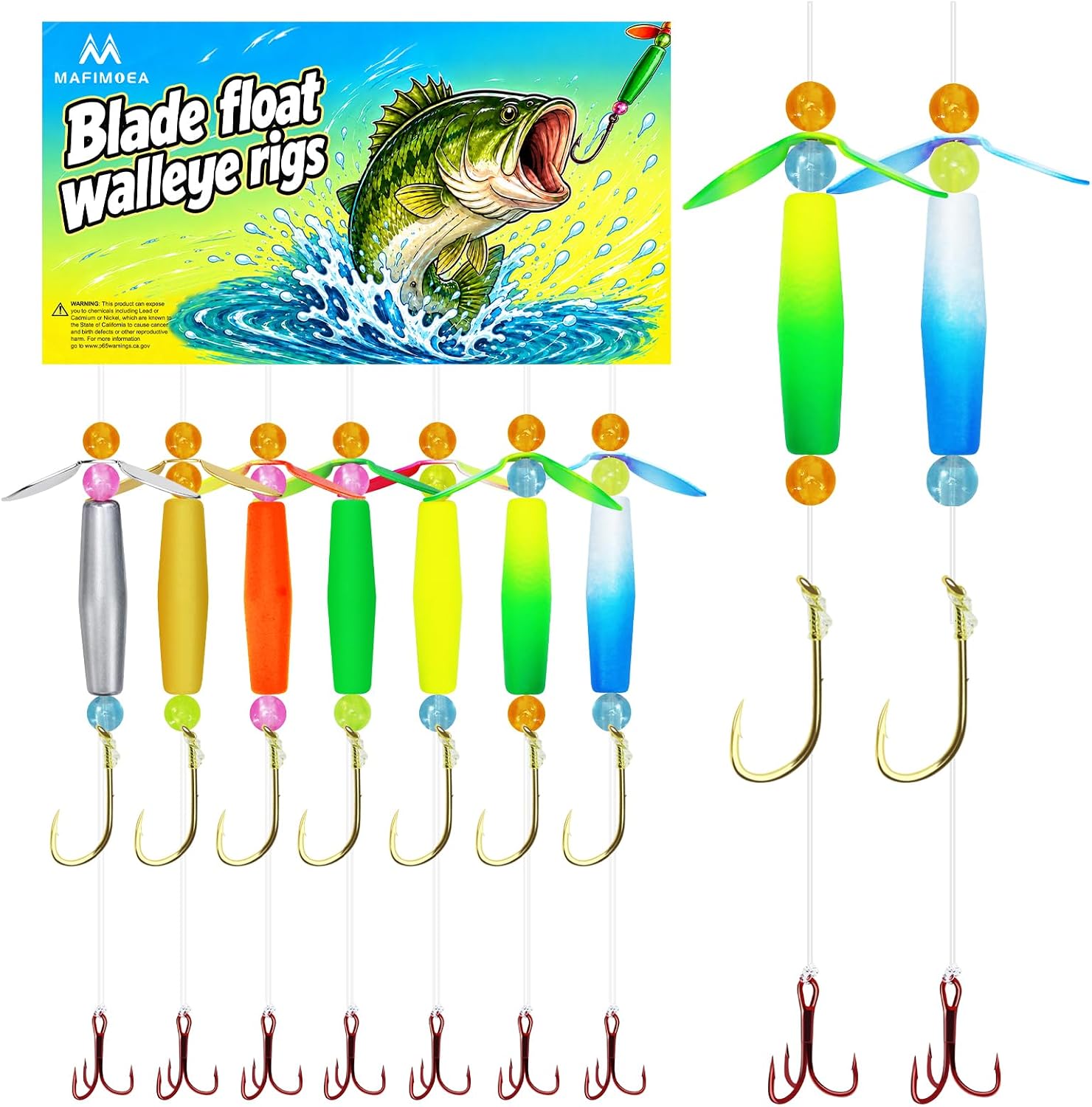 7 Pack Walleye Crawler Harness Rig, Dual-Wing Blade Spinner with Inline Float & Glow Beads, 25lb Pre-Tied Trolling Rig for Walleye Bass Trout