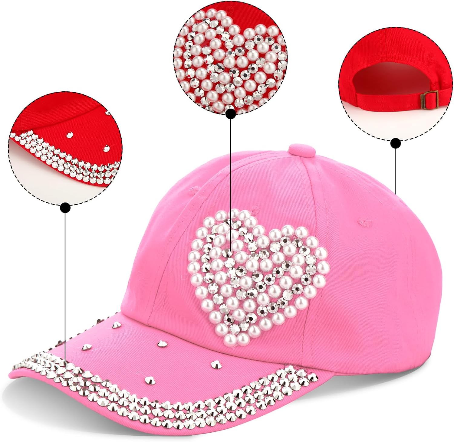 Toulite 3 Pcs Valentine's Day Baseball Cap for Women Bling Heart Baseball Cap Studded Rhinestone Pearl Hat Shiny Sequin Hat for Women, Red Cream Pink