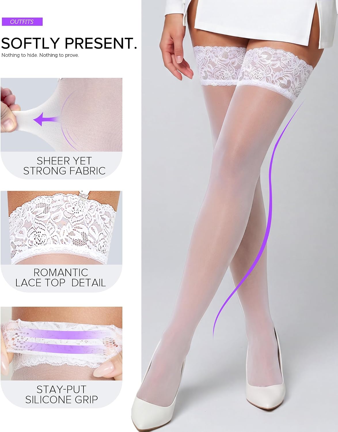 RSLOVE Women's Thigh High Stockings - 30D Sexy Lace Backseam Stockings with Antiskid Silicone Perfect for Daily & Party